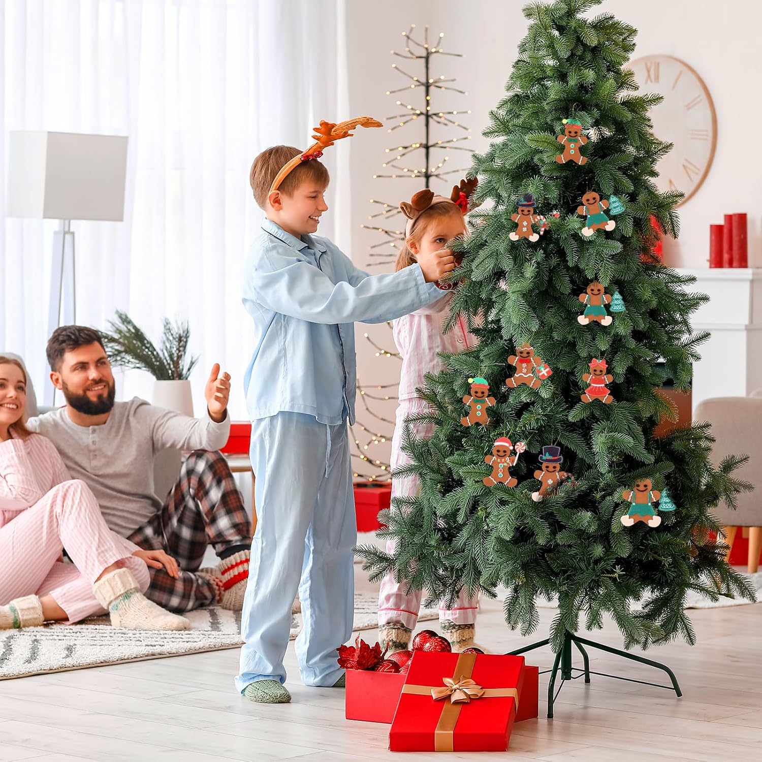 48 piezas de fieltro de Navidad de hombre de jengibre para niños, adorno de hombre de jengibre para hombre, pan de jengibre, colgar con hojas
