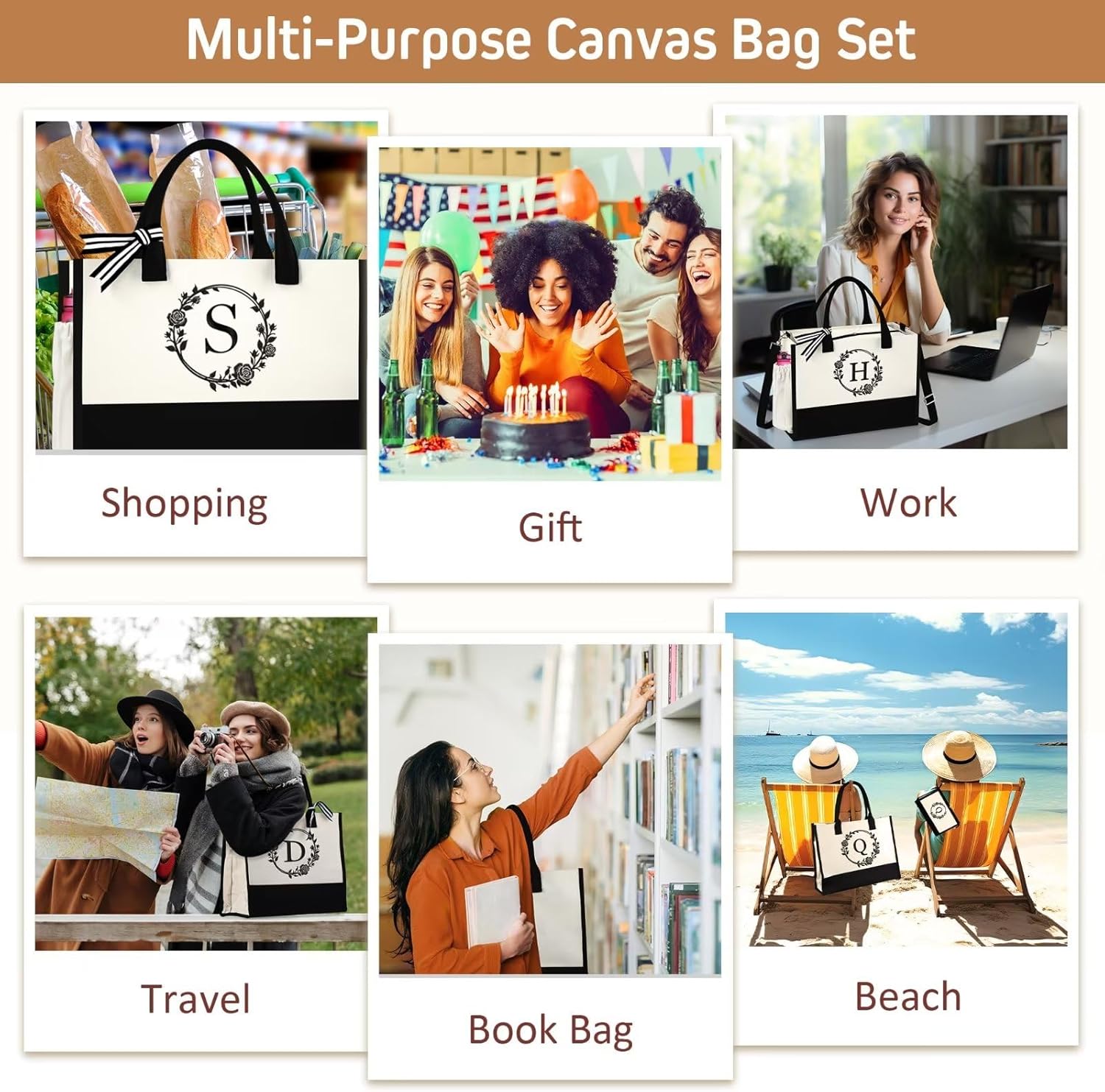 Bolsa de lona con inicial para la playa con bolsa de maquillaje, regalos personalizados para mujeres, madres, amigas, profesores, damas de honor,