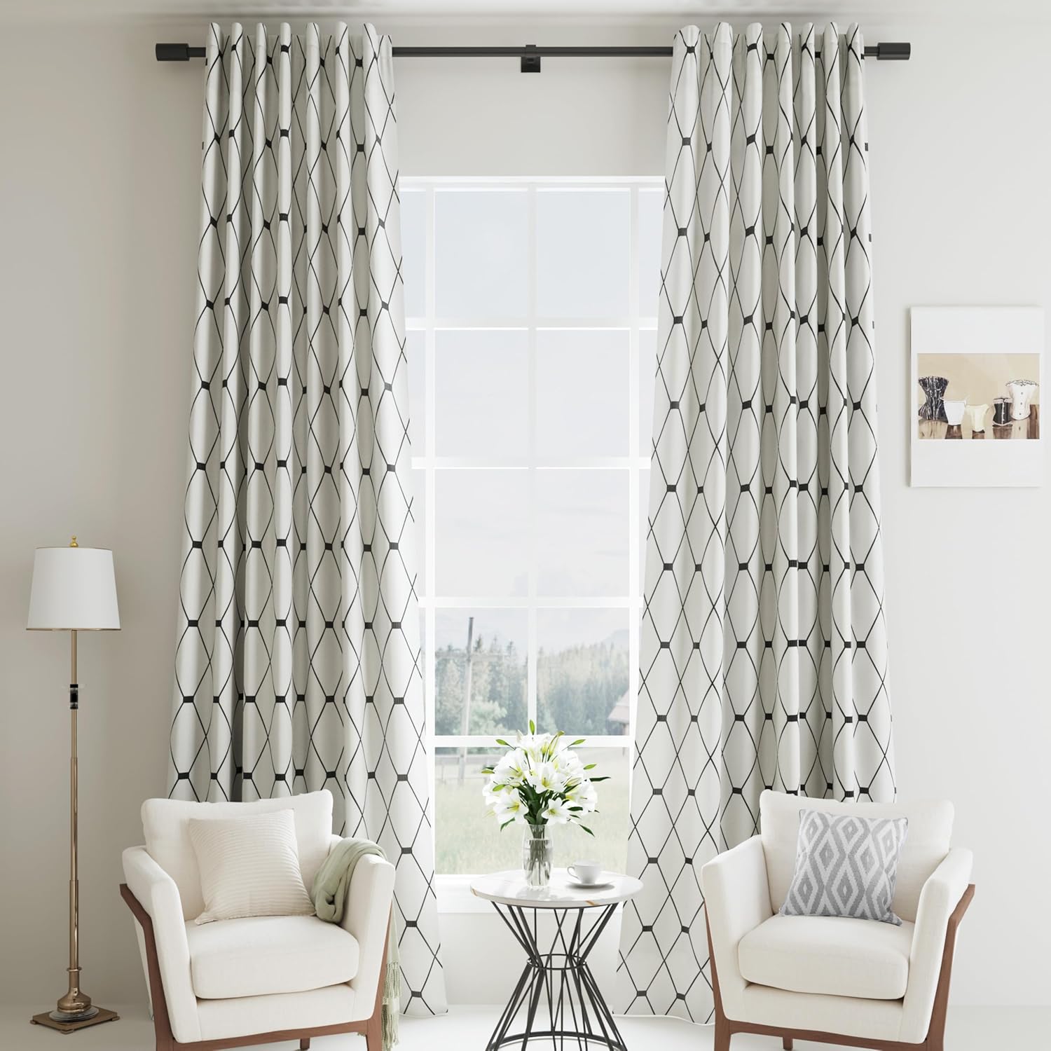 Cortinas extralargas de 120 pulgadas de largo, 2 paneles para sala de estar, patrón geométrico negro, bordado para oscurecer la habitación, cortina