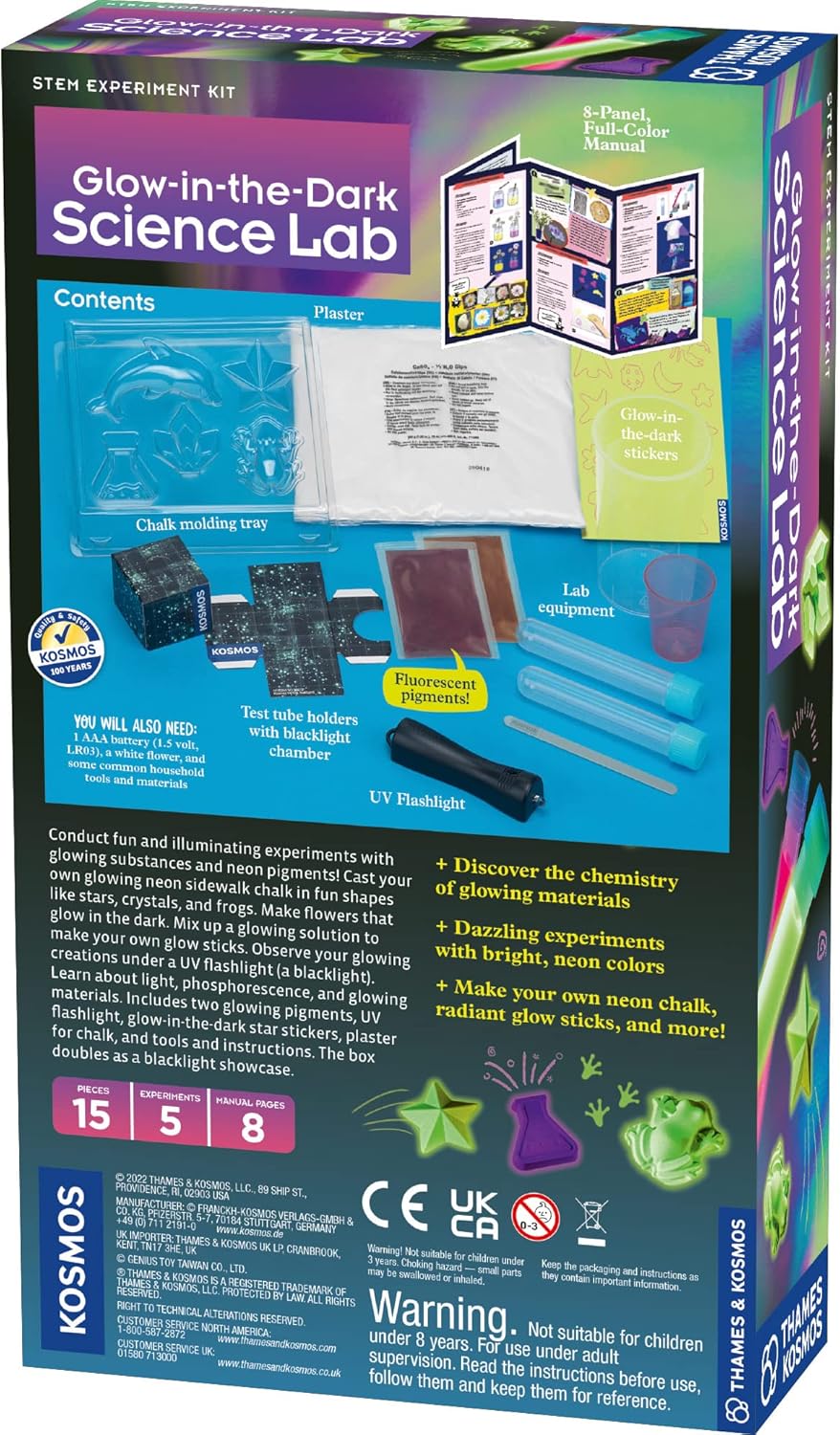 Thames & Kosmos Kit de experimento STEM de laboratorio científico que brilla en la oscuridad, 5 actividades divertidas y seguras con sustancias