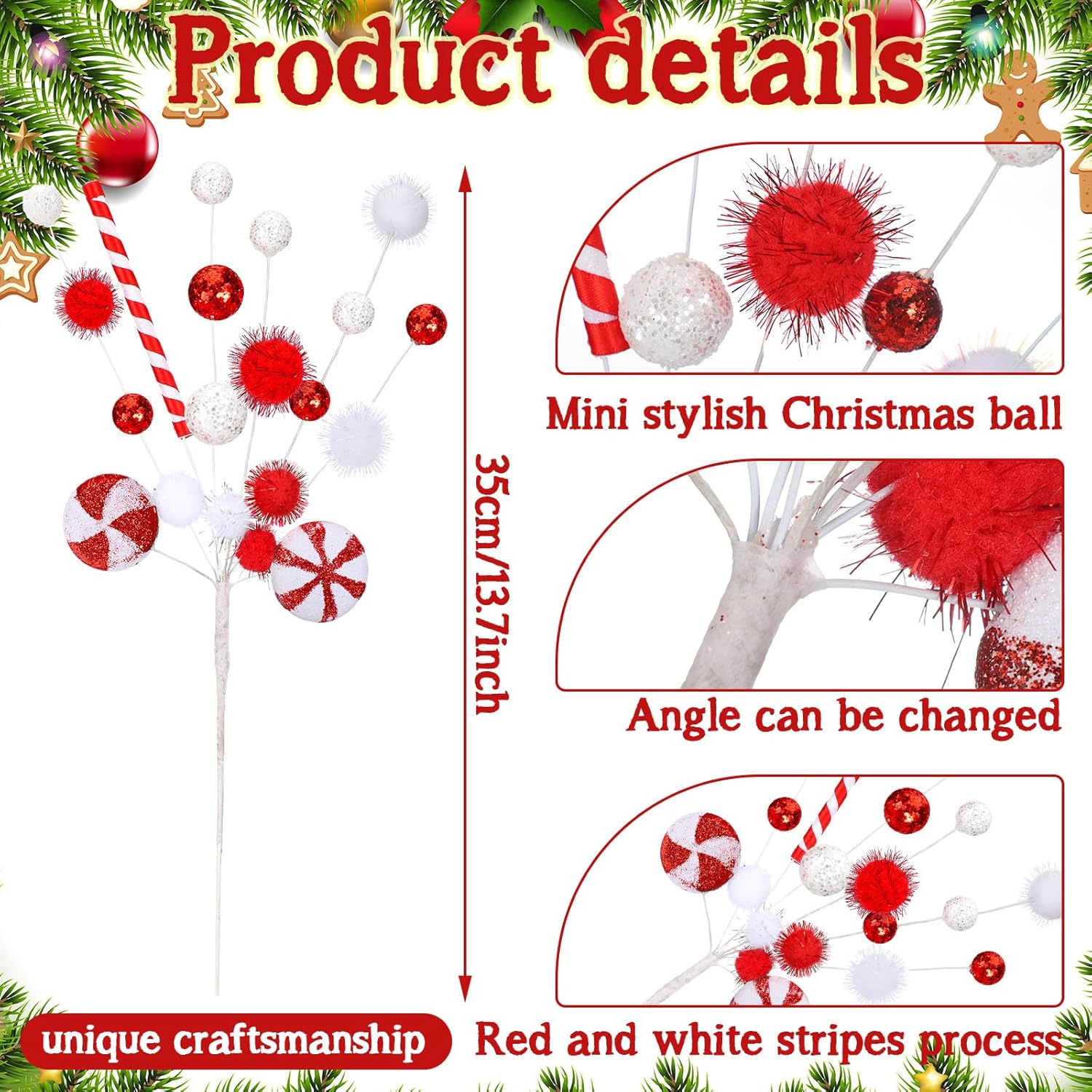 6 piezas de dulces rojos y blancos para decoración de árbol de Navidad, paletas, adornos de Navidad, bolas de caramelo rizado para decoración de