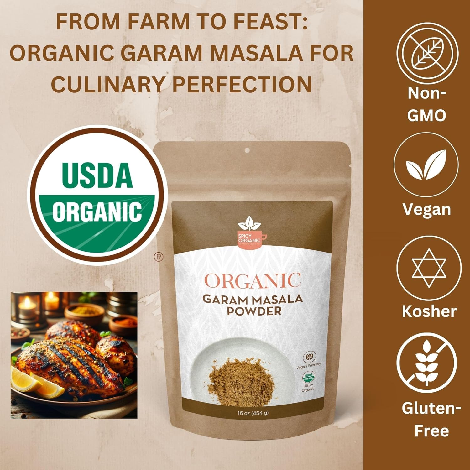SPICY ORGANIC Garam Masala – Mezcla tradicional de especias indias para curry, condimento de pollo, adobos, arroz, sopas, guisos, tofu y paneer,