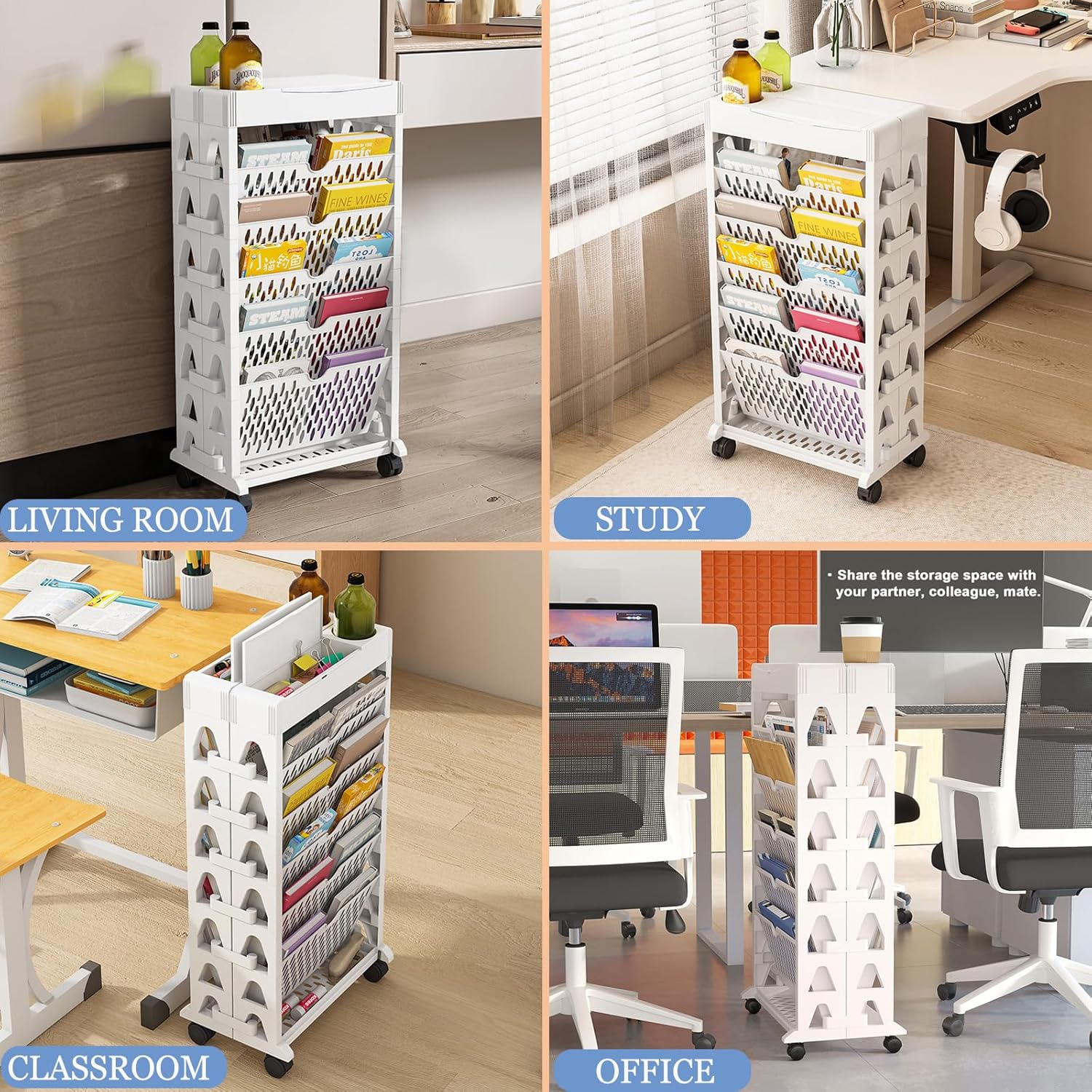 Estantería grande de 6 niveles con ruedas, organizador de lectura para niños, soporte para revistas, estantes de archivos de oficina, ahorro de
