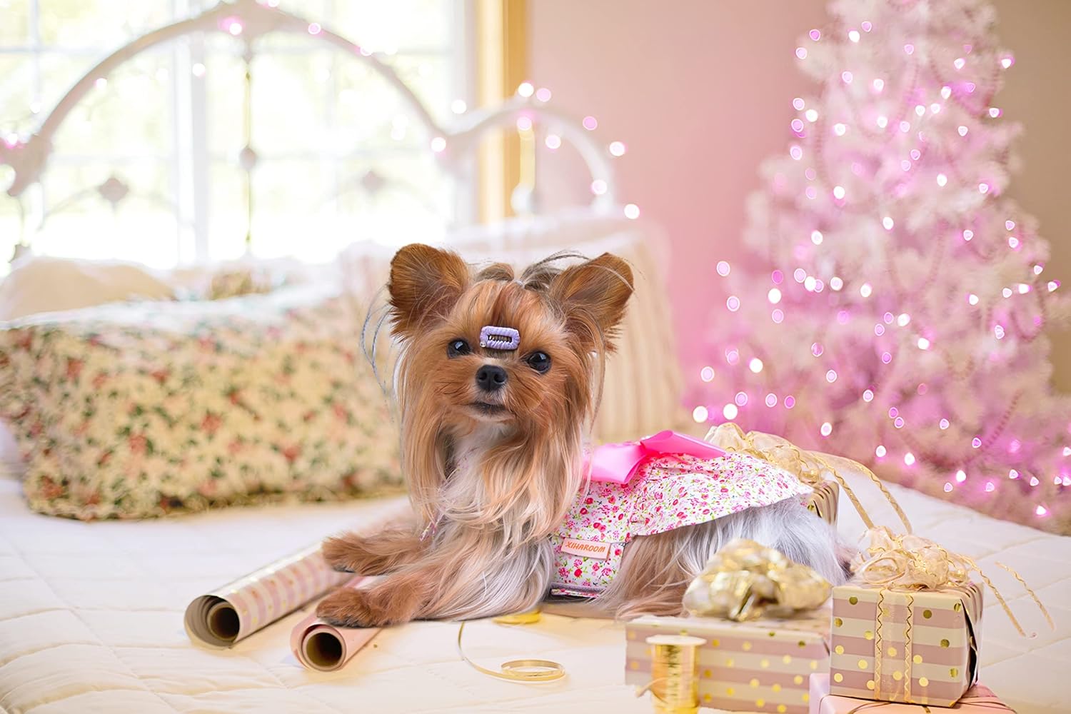 Vestido veraniego de estampado floral y moño para gatas o perritas pequeñas