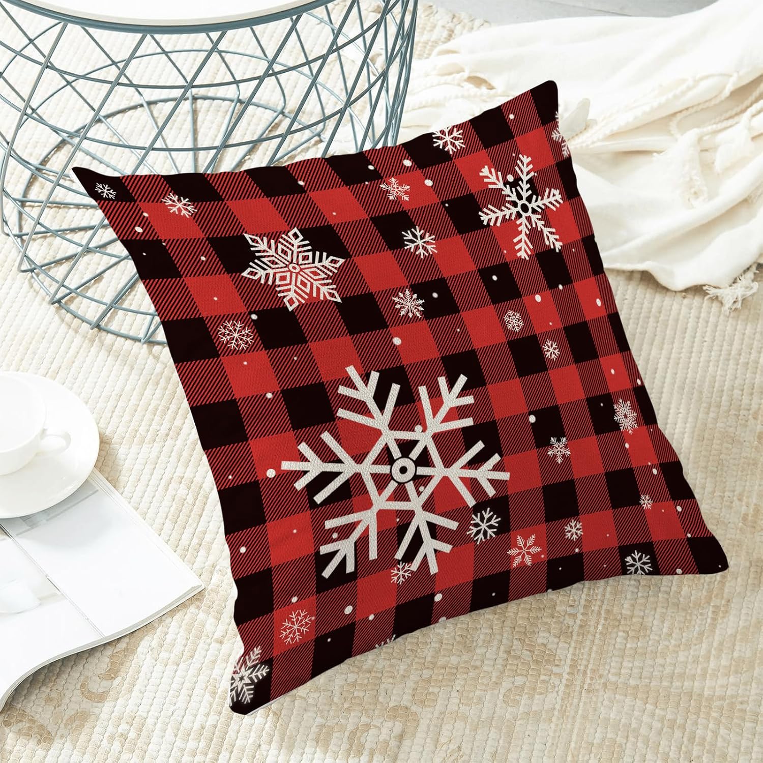 Yxuiyal Fundas de almohada navideñas de 18 x 18 pulgadas, juego de 2 fundas de almohada a cuadros de búfalo negro y rojo para decoración de Navidad,