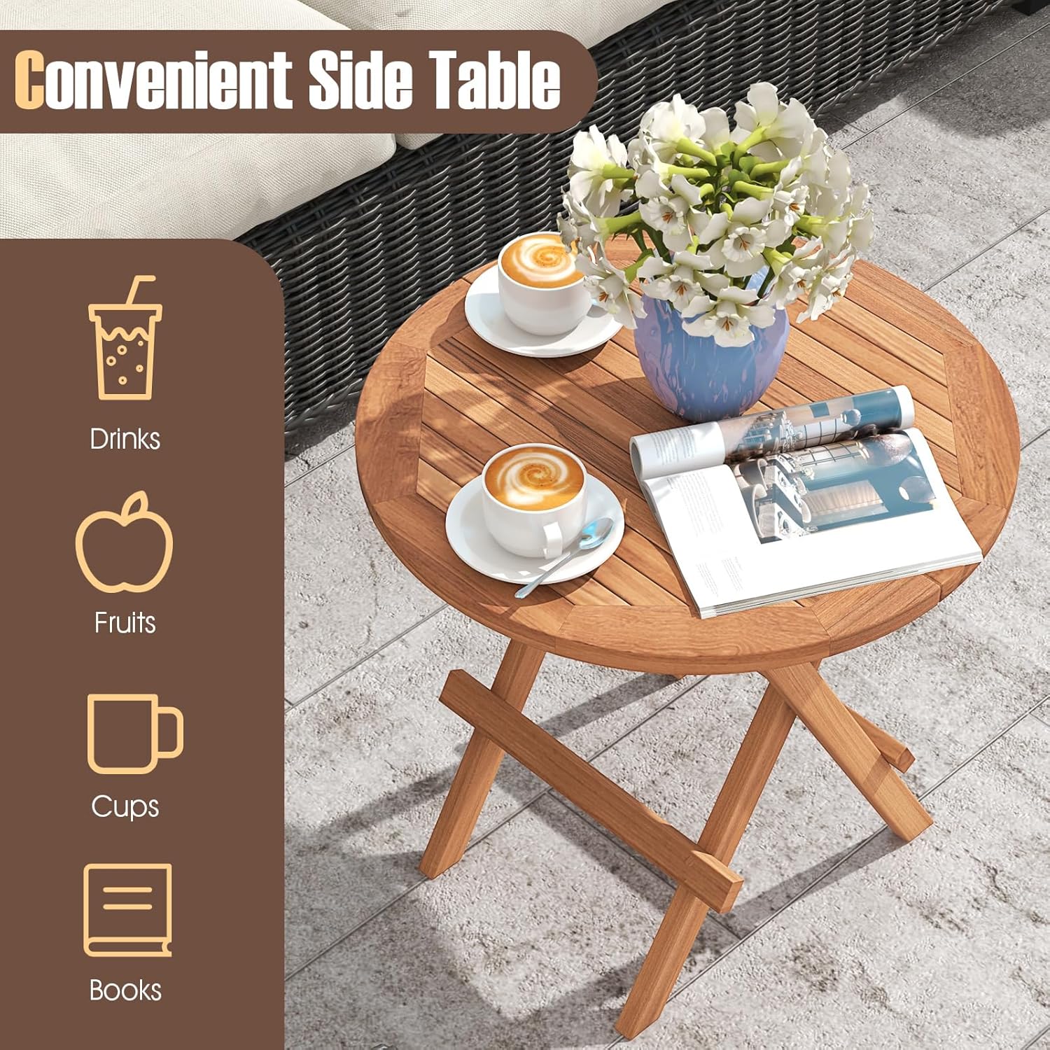 RELAX4LIFE Mesa auxiliar plegable para exteriores, mesa auxiliar de madera de teca, mesa auxiliar redonda para interiores con mesa de listones,