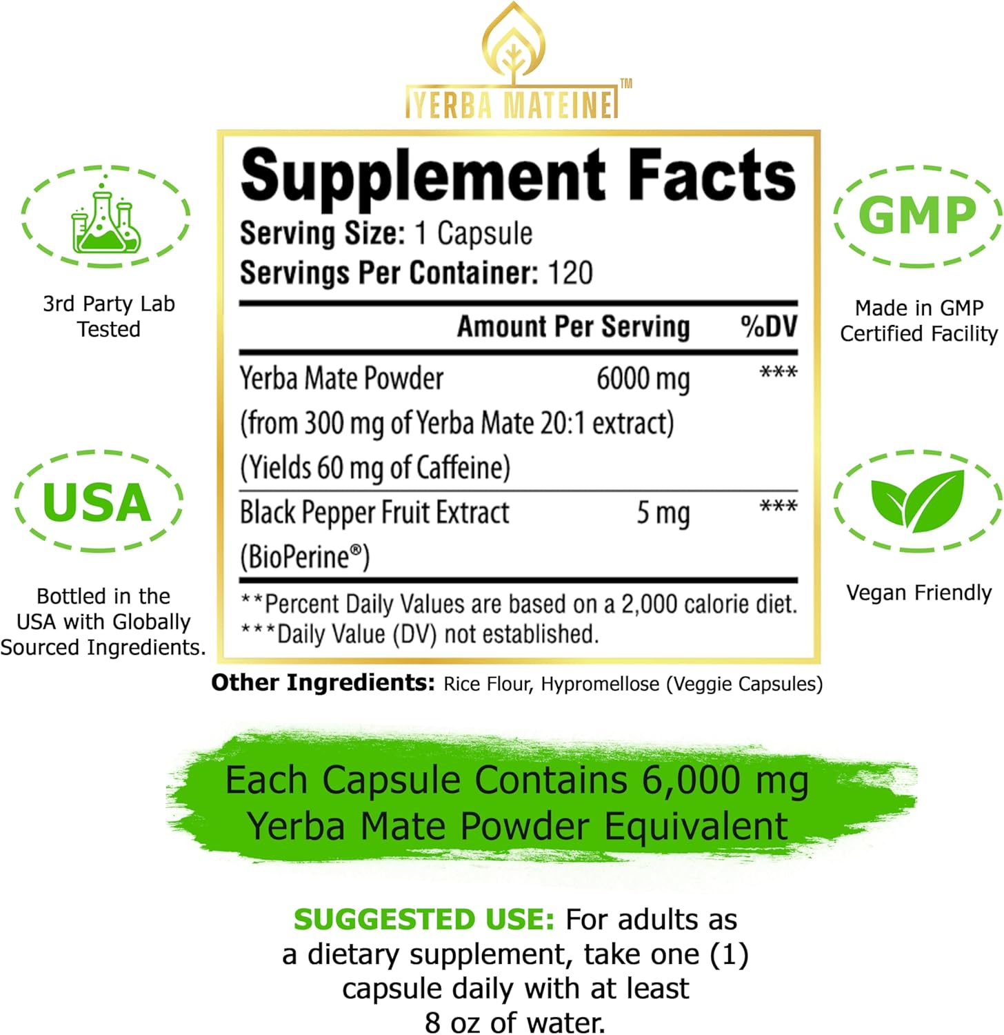 Yerba Mate extra fuerte de 6000 mg de alta potencia, 60 mg de cafeína por cápsula, píldoras de extracto de suplementos para energía natural limpia,