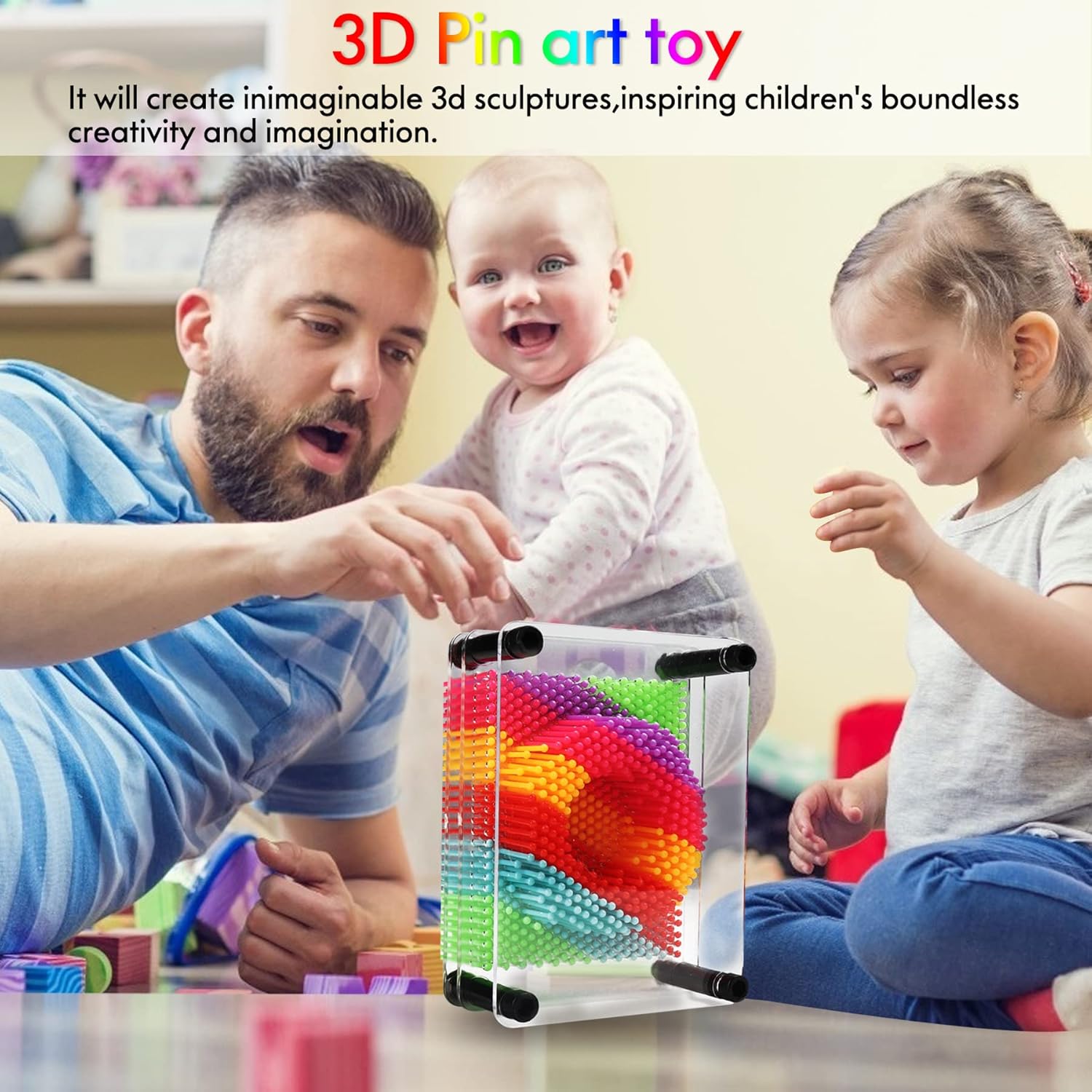 Juguete de arte de pin 3D, tamaño 3.75 x 5 pulgadas, juguete de impresión de tablero de arte 3D de metal único para niños (arco iris, plástico)