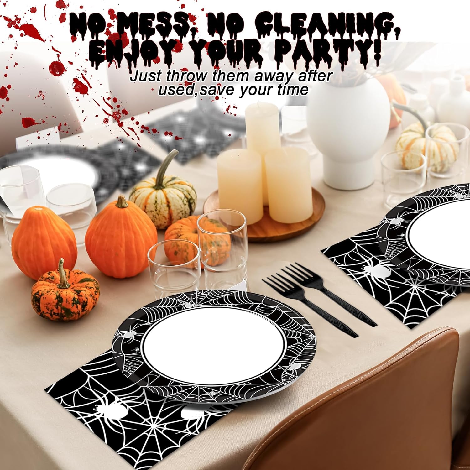 50 platos y servilletas de fiesta de telaraña de Halloween, suministros para fiesta, juego de vajilla de fiesta de telaraña, blanco y negro,