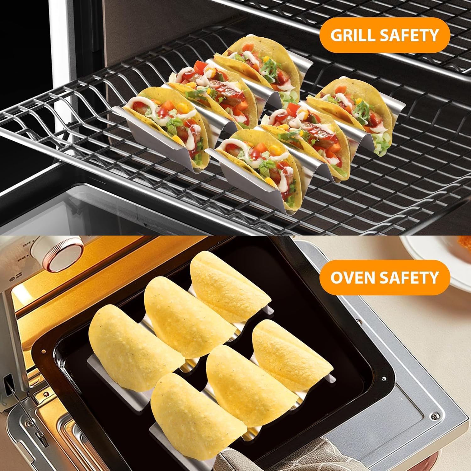 Juego de 6 soportes para tacos de acero inoxidable, para horno y lavavajillas y parrilla, cada soporte de metal para 3 tacos, elegante estante para
