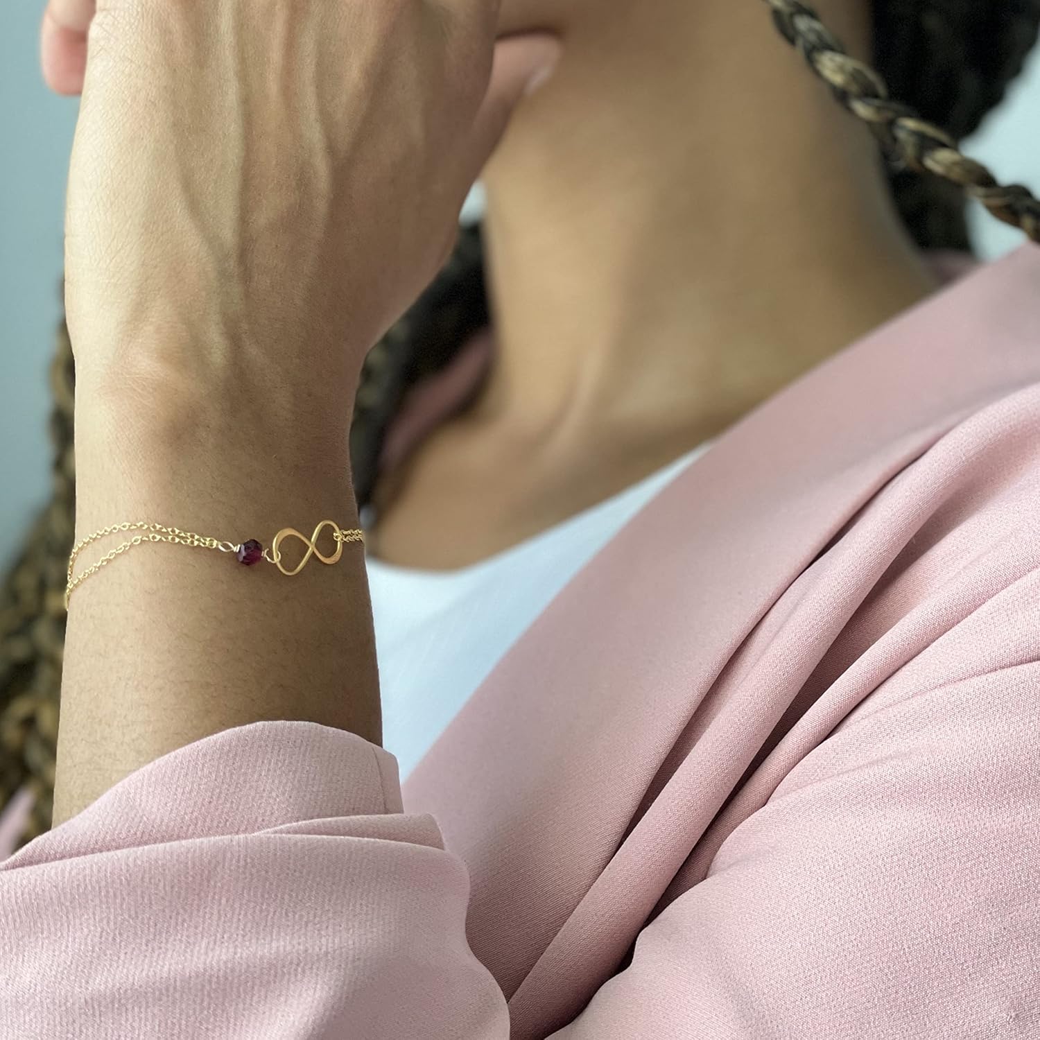 Rose Gold Birthstone Infinity Charm Bracelet – Peridot, Gold Fill, Vermeil – Handmade August Birthday Gift for Her
