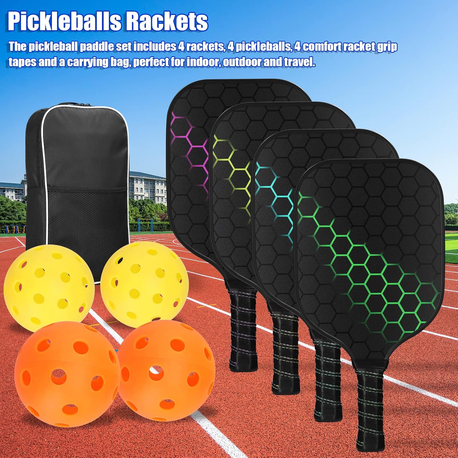 Doorslay Juego de 4 palas de pickleball ligeras, juego de paletas de pickleball, 4 bolas de pickleball, 4 toallas de enfriamiento y bolsa de