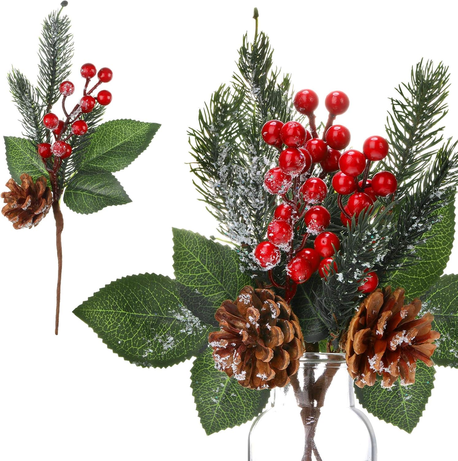 12 púas de pino nevado de Navidad, púas de bayas rojas, púas artificiales de pino de acebo, bayas falsas, conos de pino para manualidades de