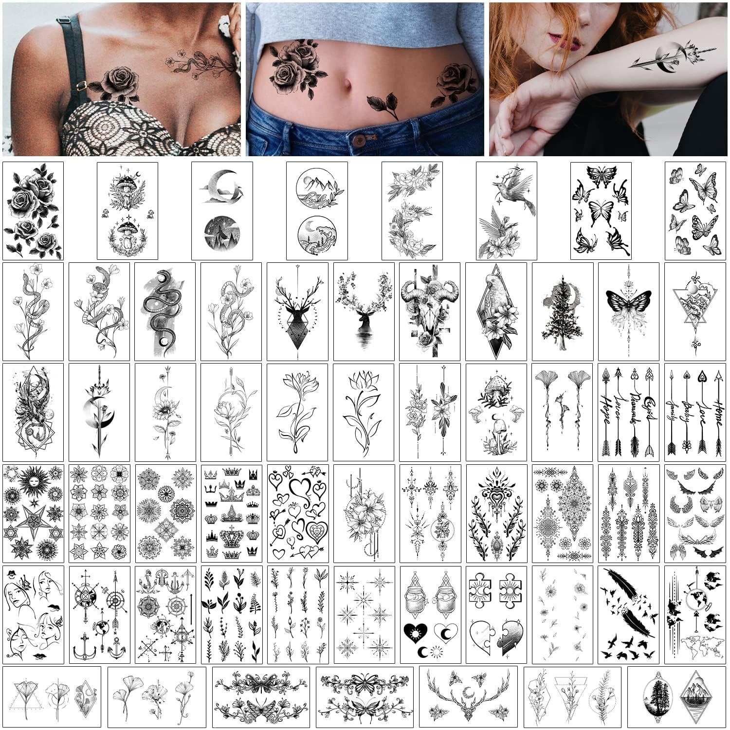 Leesgel 69 hojas de tatuajes temporales para adultos, diseño de flores, luna, rosa, serpiente, media manga, calcomanías de tatuaje para mujeres y