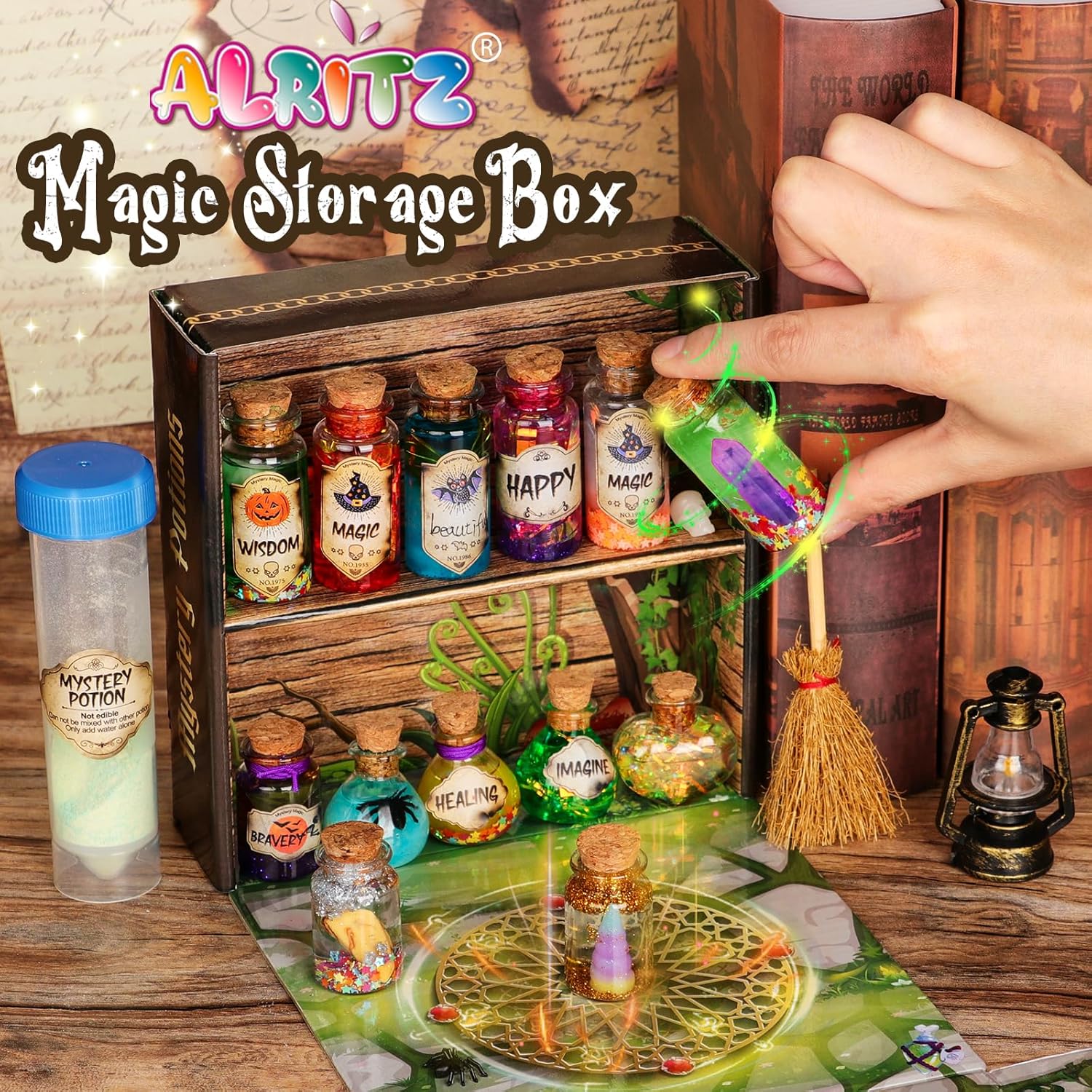 Alritz Kit de pociones misteriosas para niños, 20 botellas de poción de bruja de mezcla mágica, decoraciones para el día de la madre, mesa de