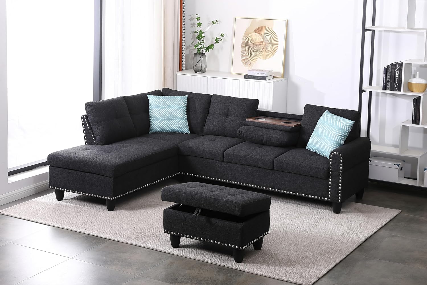 Sofá modular de 3 piezas, juego de muebles de sala de estar, sofá esquinero tapizado de 5 plazas en forma de L, 1 diván gris oscuro