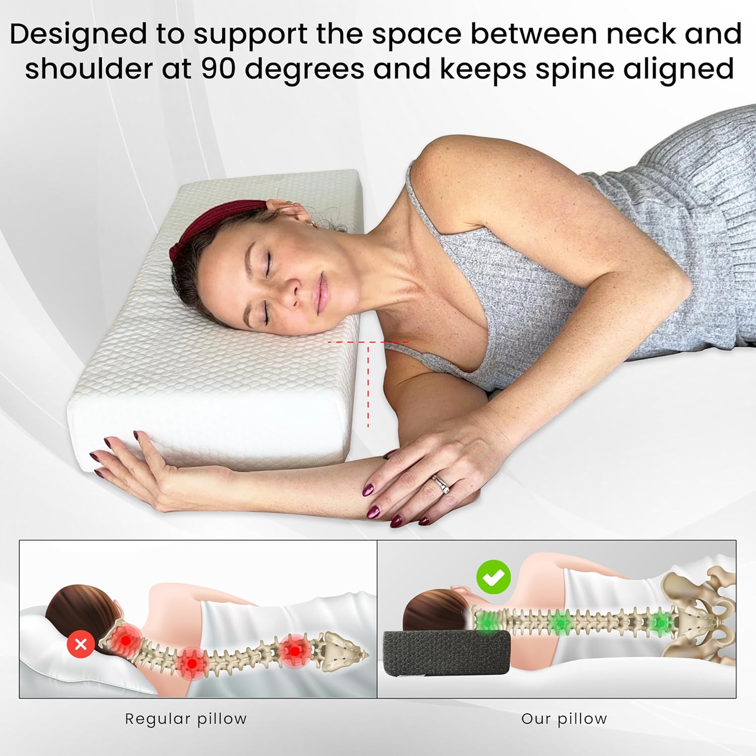 Almohada cúbica de espuma viscoelástica para personas que duermen de lado, color gris con funda extra blanca, 24 x 12 x 5 pulgadas, almohada firme
