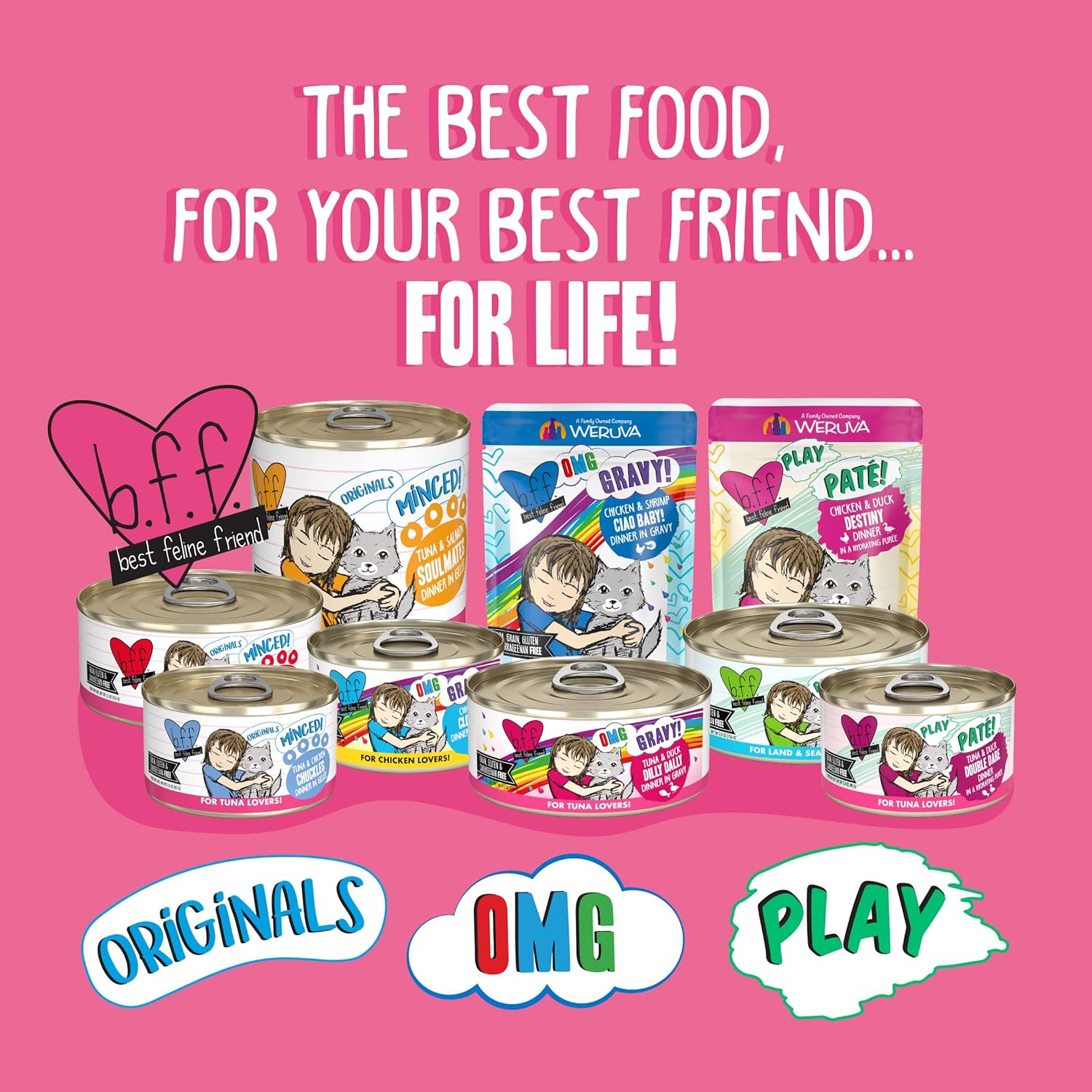 Weruva latas de comida húmeda para gatos sin granos y bolsas B.F.F. (Best Feline Friend), Azul