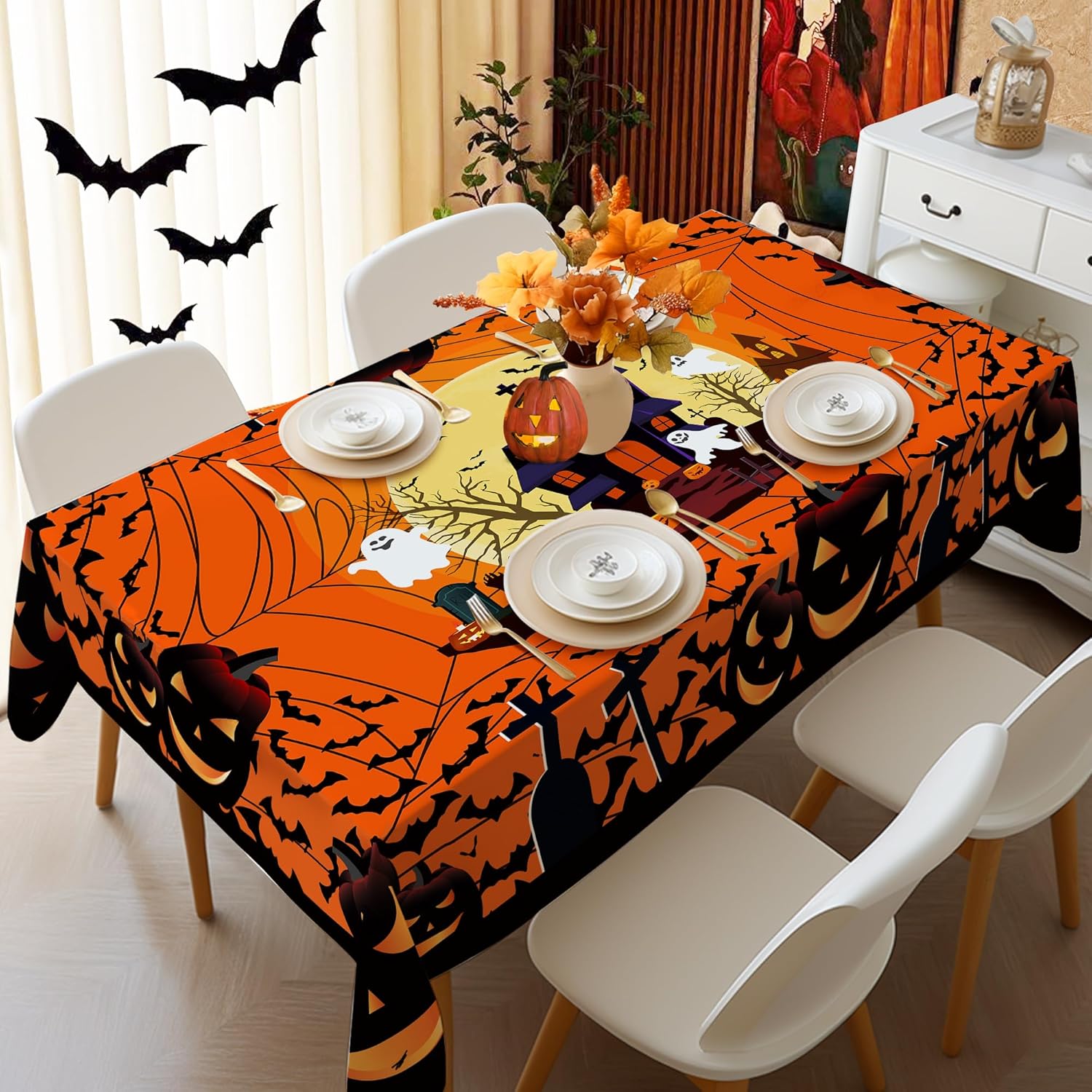 Mantel rectangular de Halloween de 60 x 84 pulgadas, decoración de mesa de Halloween, tela de araña fácil de limpiar, mantel rectangular de