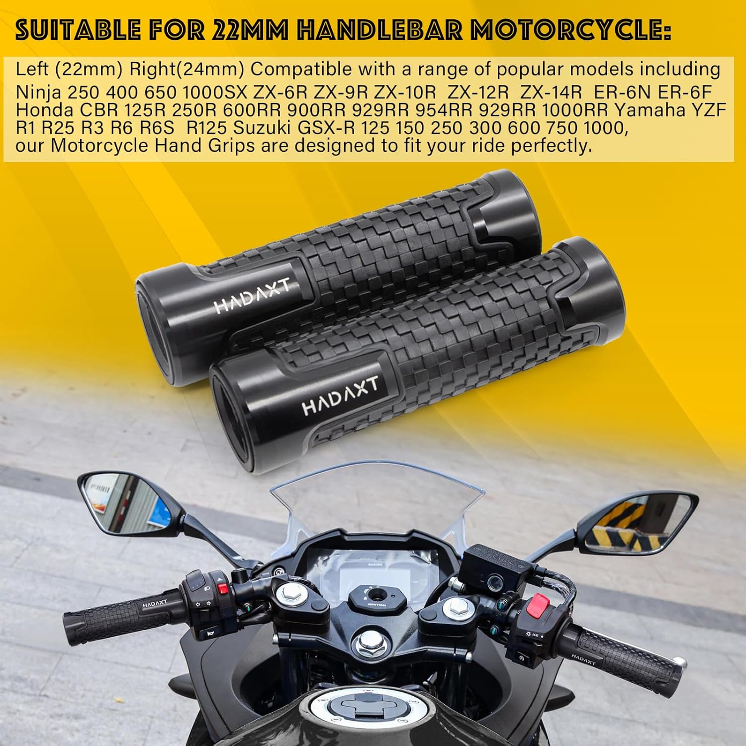 Empuñaduras de mano para motocicleta de 78 pulgadas, 0.866 in, universal, CNC, patrón de cuadros de aluminio, antideslizante, agarre de manillar de