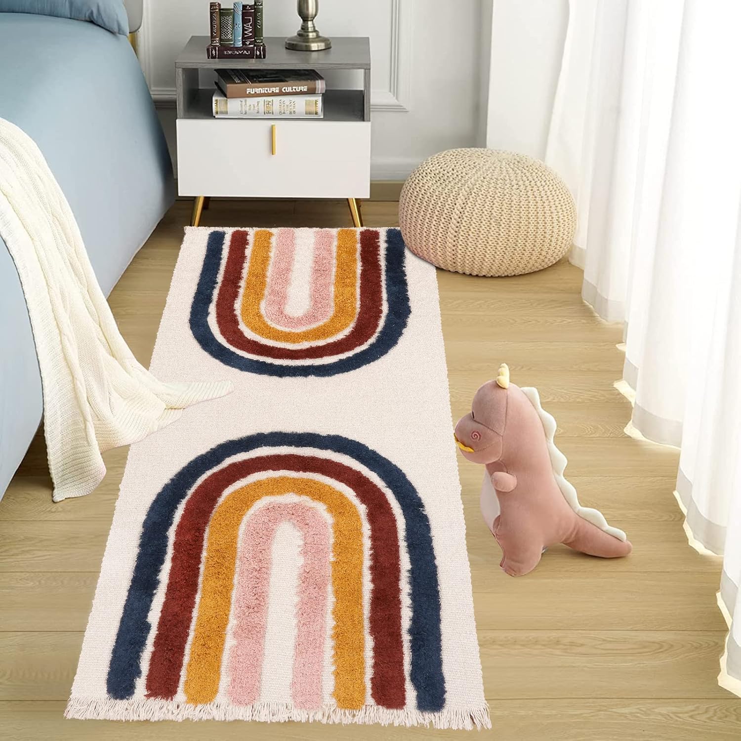 Ailsan Alfombra bohemia para dormitorio, de 2 x 4.3 pulgadas, de algodón, lavable a máquina, con borlas, para cocina, tapete colorido de arcoíris,