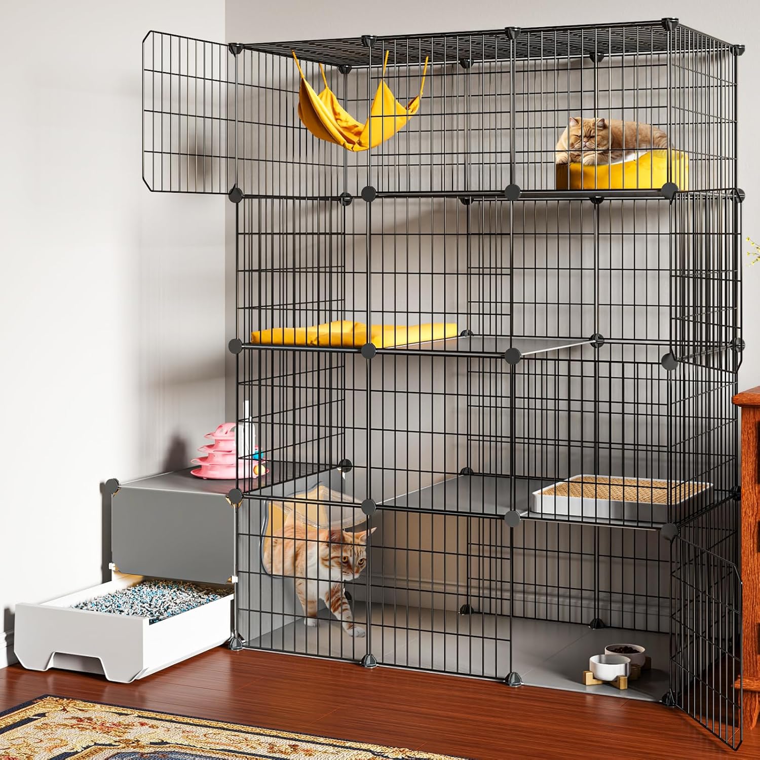 Jaula para gatos con caja de arena, recintos para gatos de 4 niveles, corralito grande, desmontable, alambre de metal, jaula para interiores, lugar