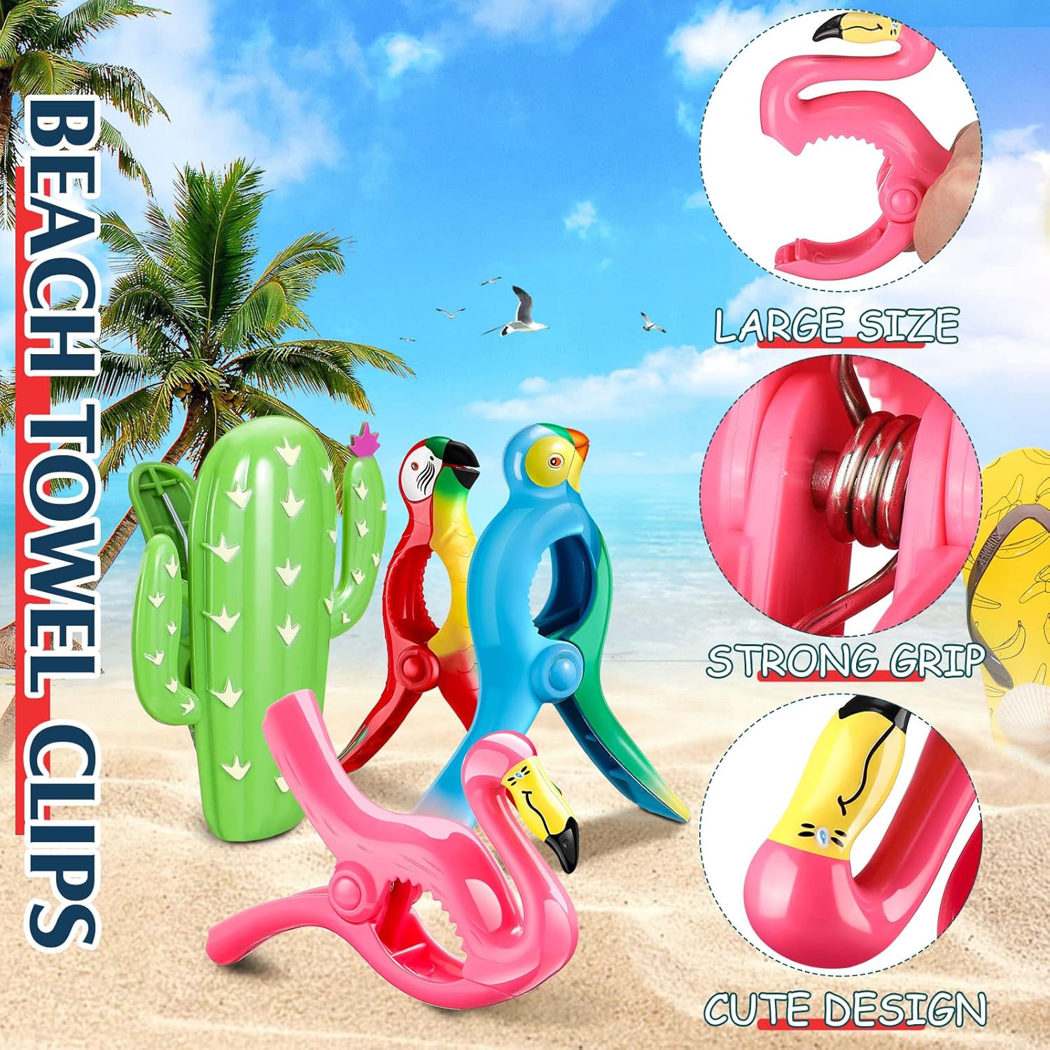 Sieral 8 clips para toallas de playa, pinzas para sillas de playa, loro flamenco, soportes para toallas de alta resistencia, alfileres de ropa