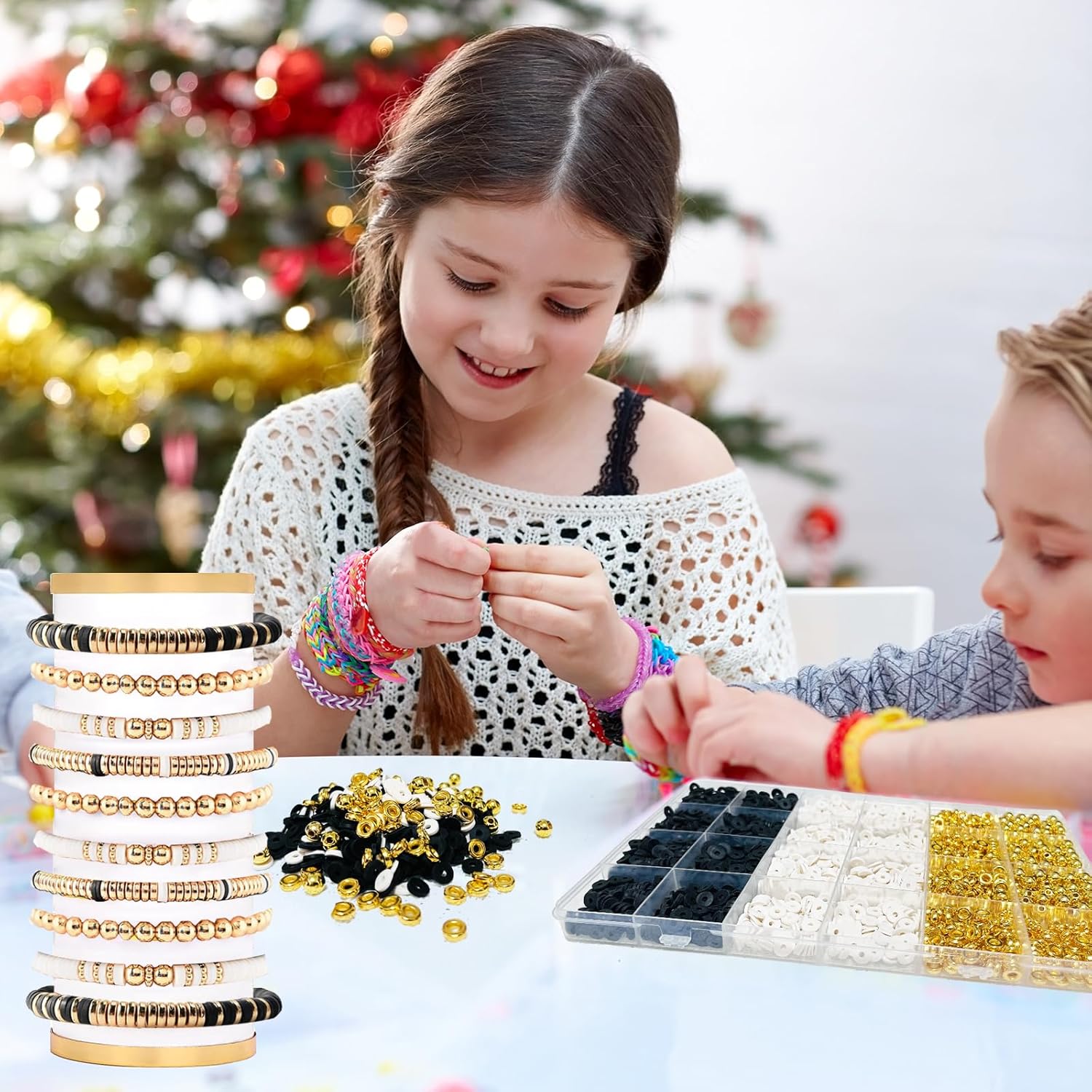 WEUOPG Kit de fabricación de pulseras para niñas, cuentas de arcilla para hacer pulseras, kit de cuentas de arcilla blanca y negra, cuentas doradas