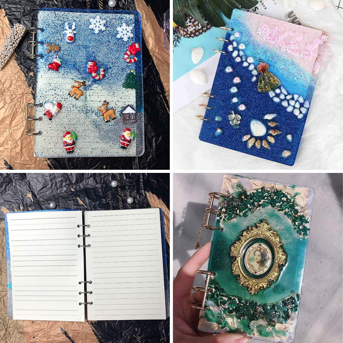 Kit de 5 moldes de fundición de resina para cuadernos, incluye 2 moldes de silicona A5 para cubierta de libro de resina, 2 anillos de carpeta de