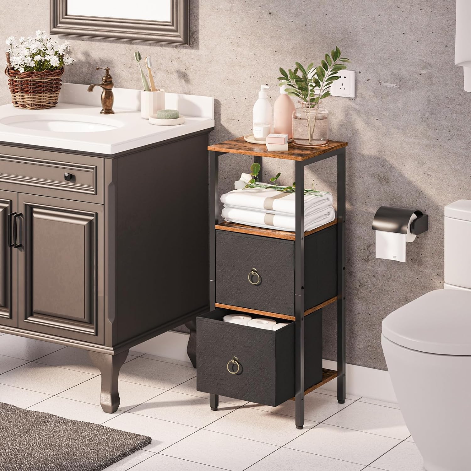 HOOBRO Gabinete esquinero, estante esquinero de 4 niveles con 2 cajones, gabinete de piso de baño, gabinete de almacenamiento estrecho, para baño,