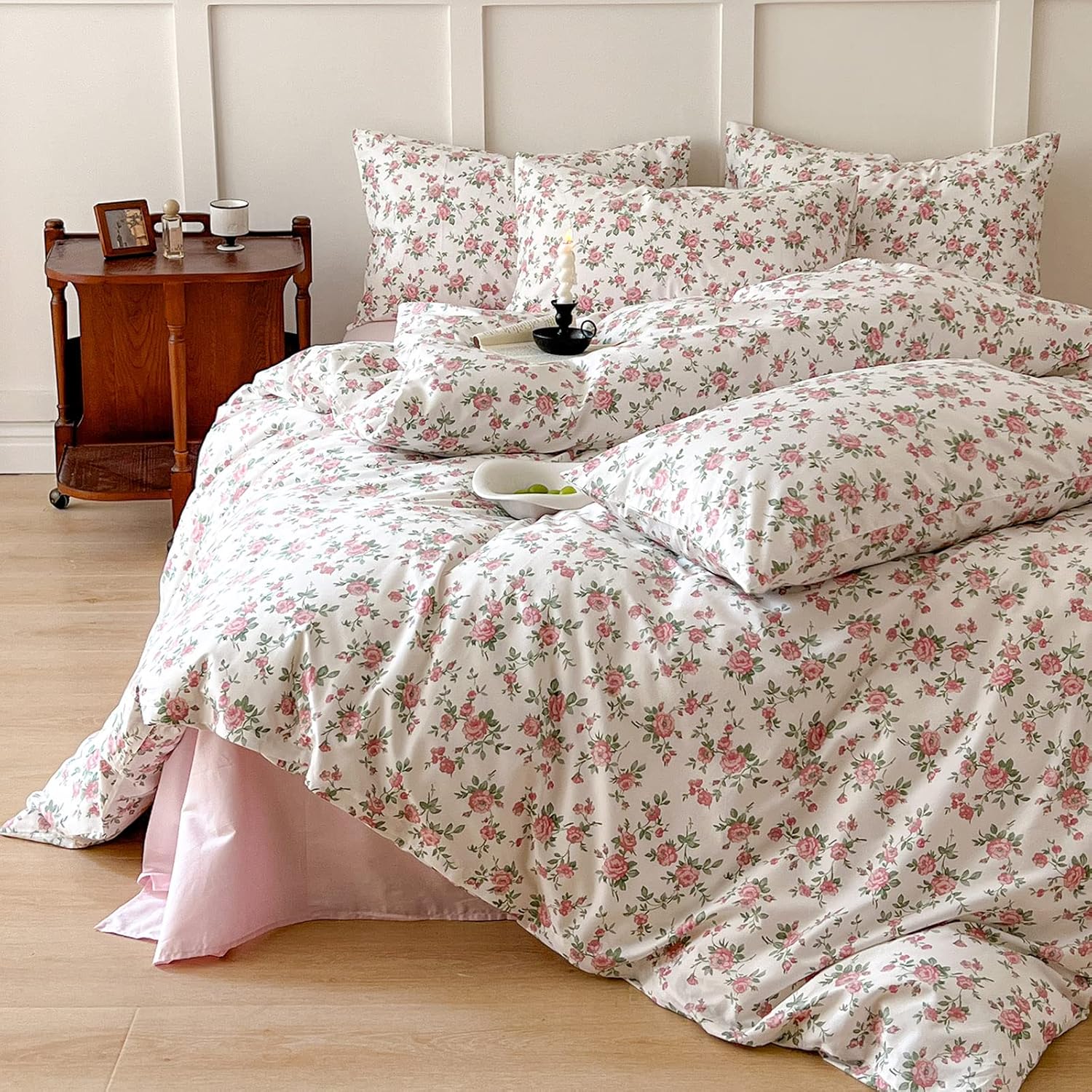 EAVD Juego de funda de edredón floral rosa, tamaño individual, suave, 100% algodón, juego de ropa de cama floral de jardín con 2 fundas de almohada,