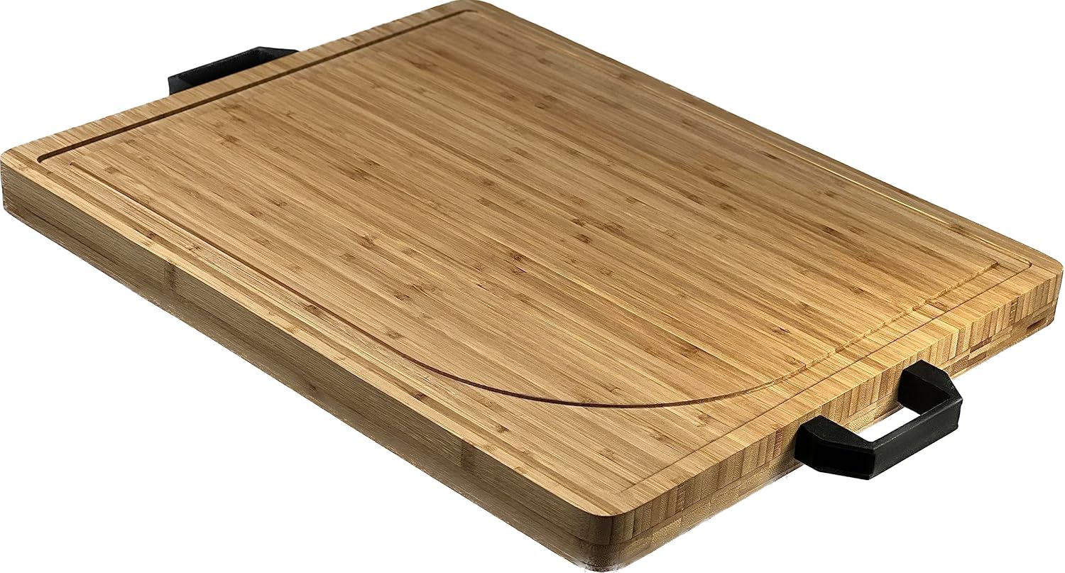 Tabla de cortar de bambú orgánico extragrande con asas de aluminio negro, tabla de cortar de madera reversible, tabla de tallar de bambú para carne