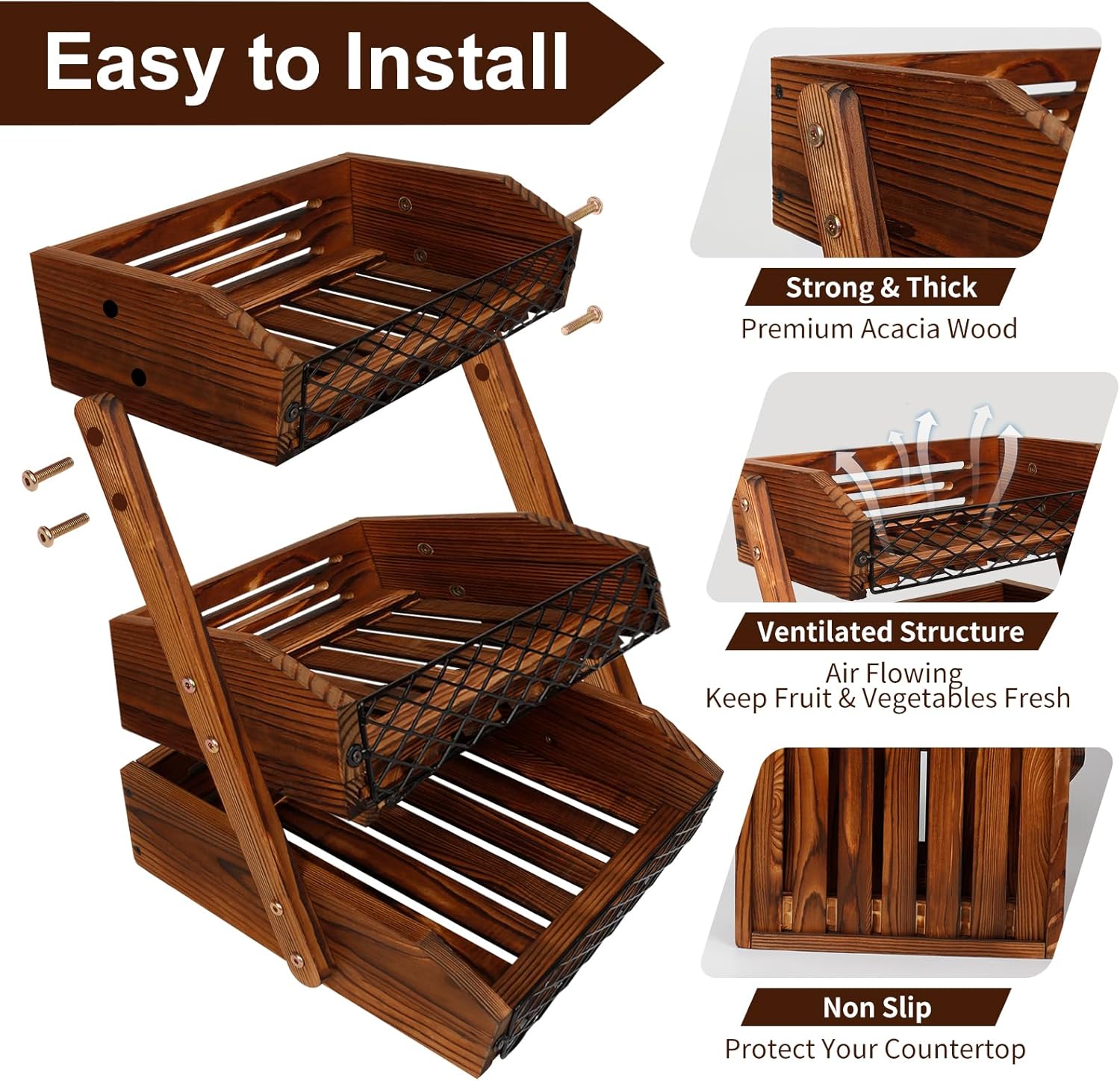 Cesta de fruta de madera para cocina, frutero multifuncional de 3 niveles, soporte de fruta de madera para encimera de cocina ordenar encimeras y