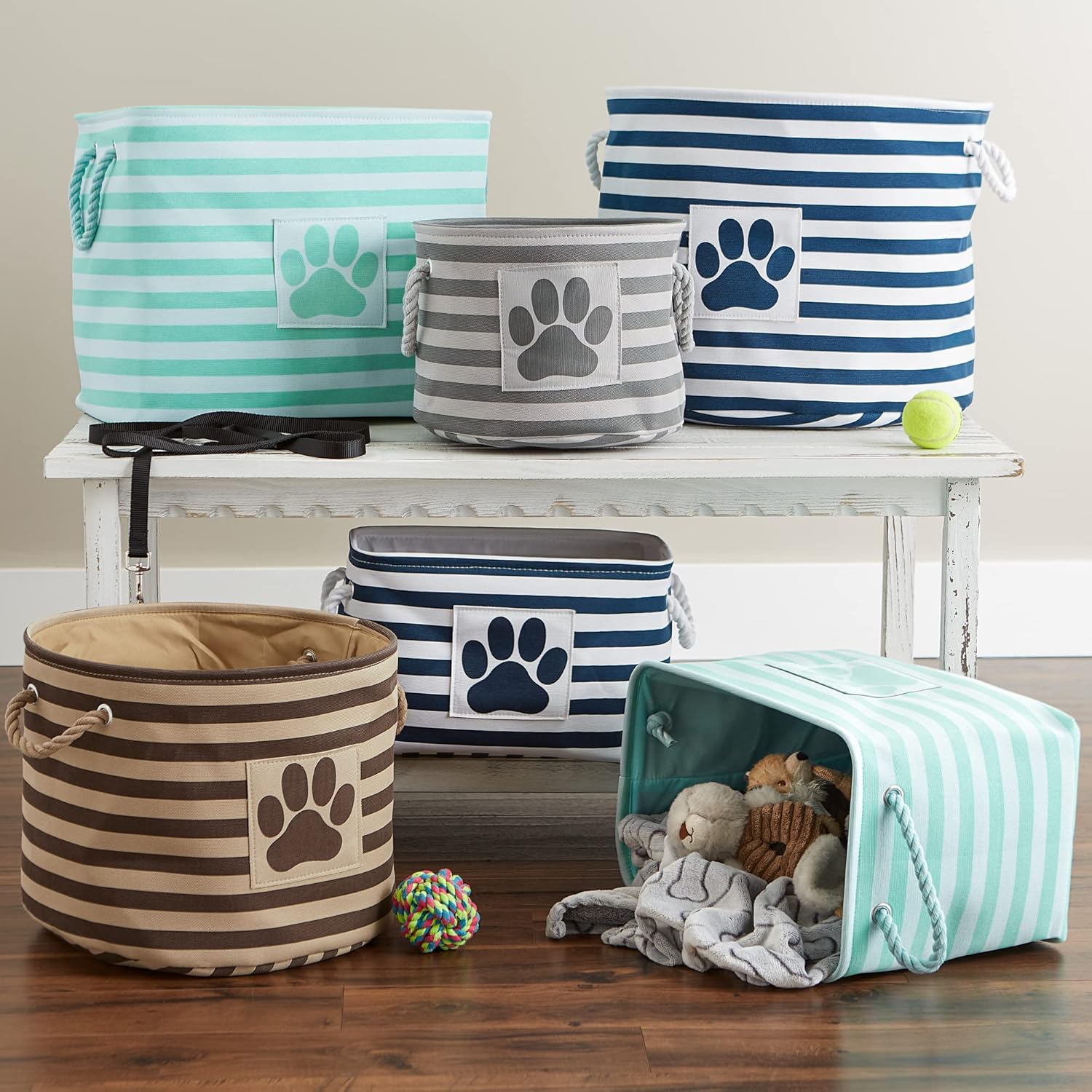 Bone Dry – Colección de almacenamiento para mascotas, canasta a rayas con parche de huella de pata