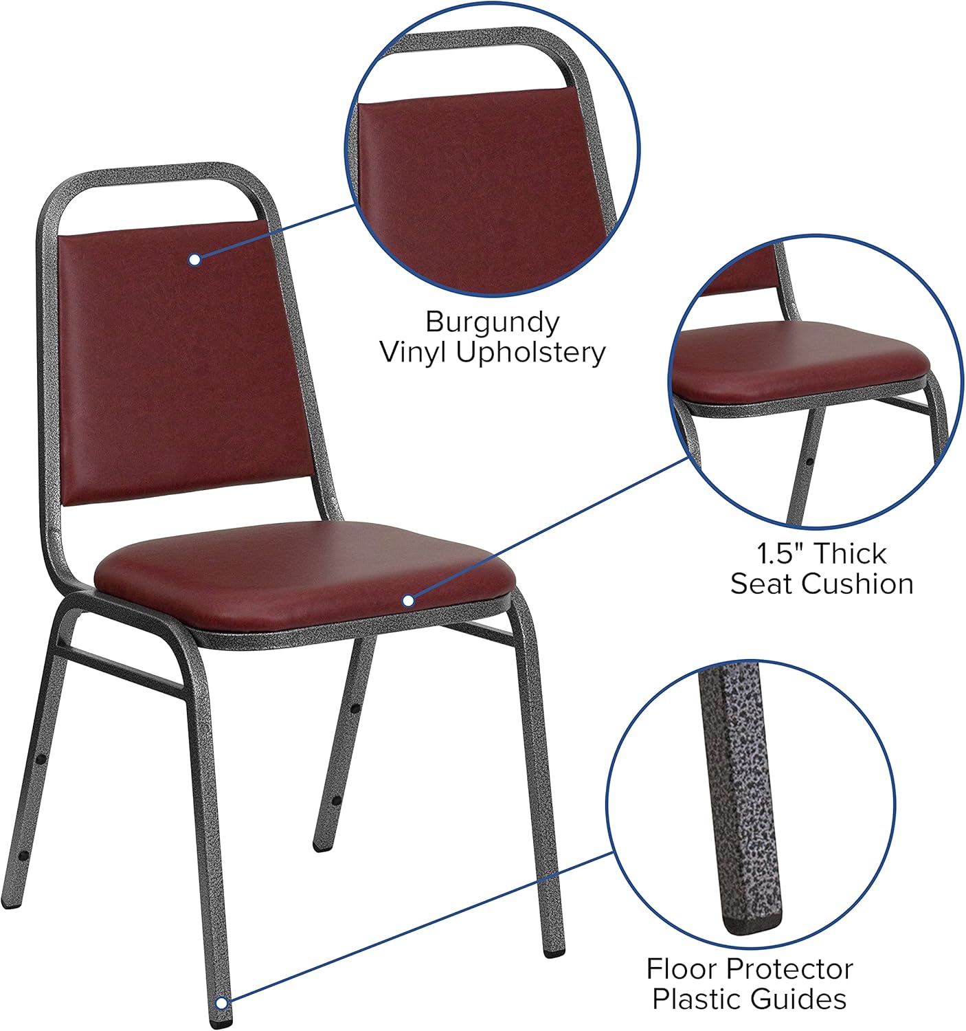 BizChair Paquete de 4 sillas de banquete apilables con respaldo trapezoidal en vinilo burdeos, asiento de 1.5 pulgadas de grosor