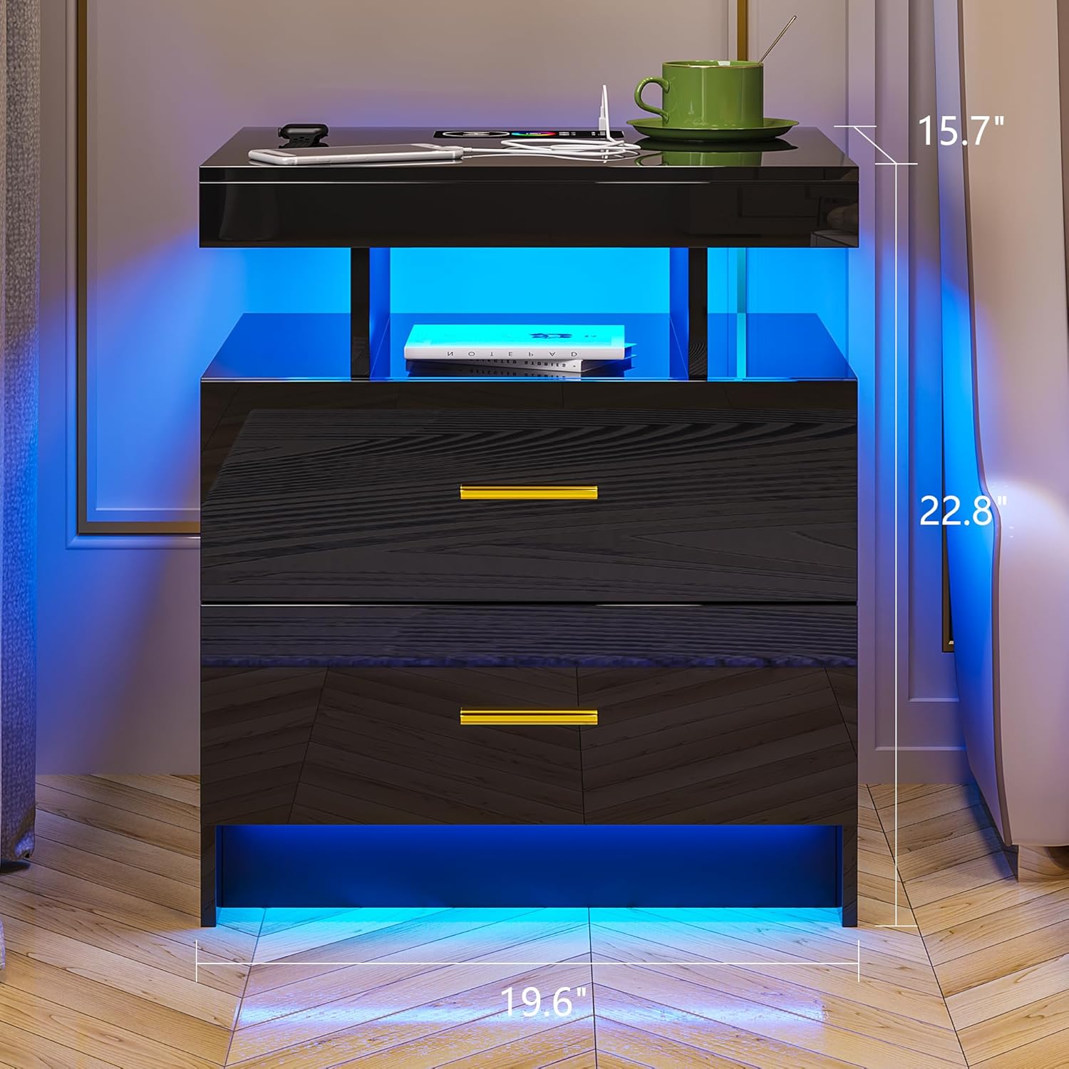 HNEBC Mesita de noche LED, RGB negro con estación de carga USBinalámbrica, moderna mesita de noche con sensor automático de luces RGB, mesa auxiliar