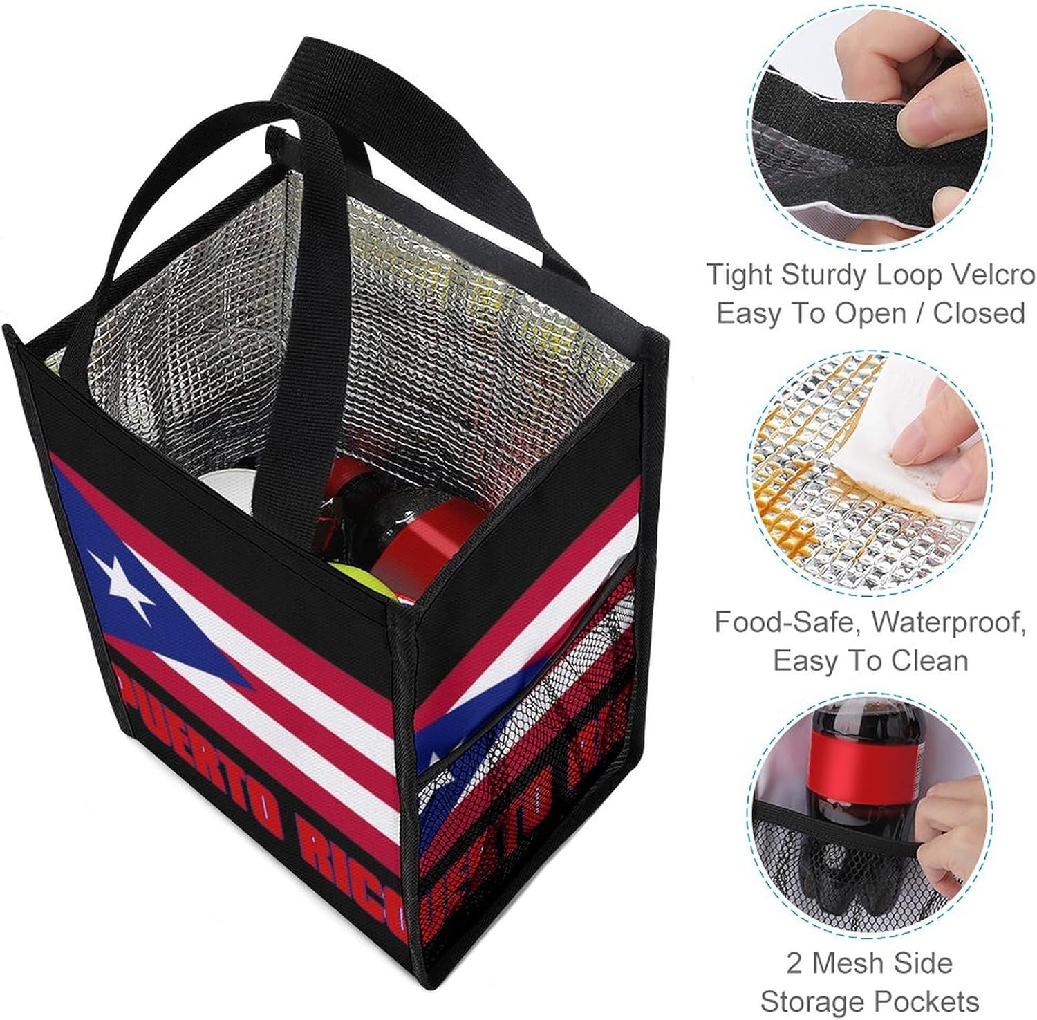 Banderas de Puerto Rico Bolsa de almuerzo plegable aislada lonchera portátil con bolsillos para el trabajo, picnic al aire libre
