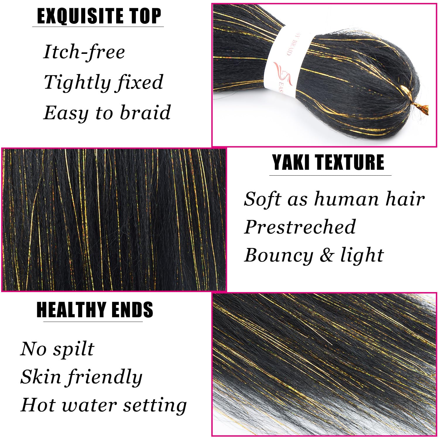 Extensiones de cabello trenzado preestirado de 26 pulgadas dentro de extensiones de cabello de oropel brillante, 3 paquetes de textura suave Yaki