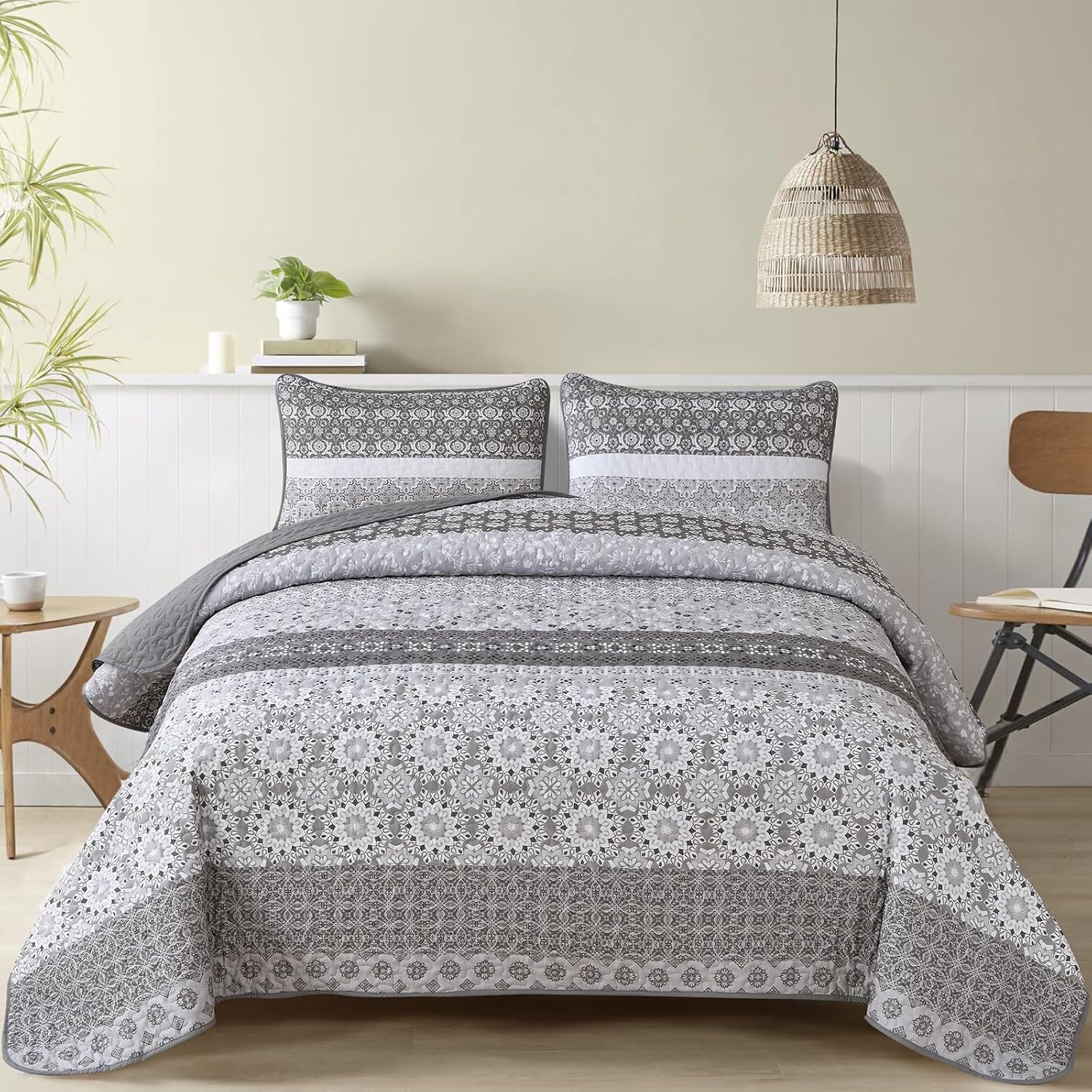 WONGS BEDDING Juego de edredón bohemio gris, tamaño Queen, juego de colcha de verano con 2 fundas de almohada, juego de ropa de cama bohemia de