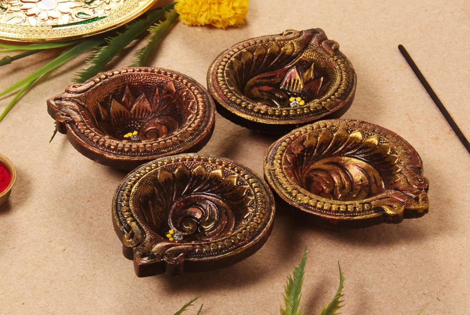 Terracoaat – Juego de 4 piezas de arcilla oxidada, para decoración de Diwali Navratri, lámpara de aceite, diwali, arcilla, diya, soporte para velas