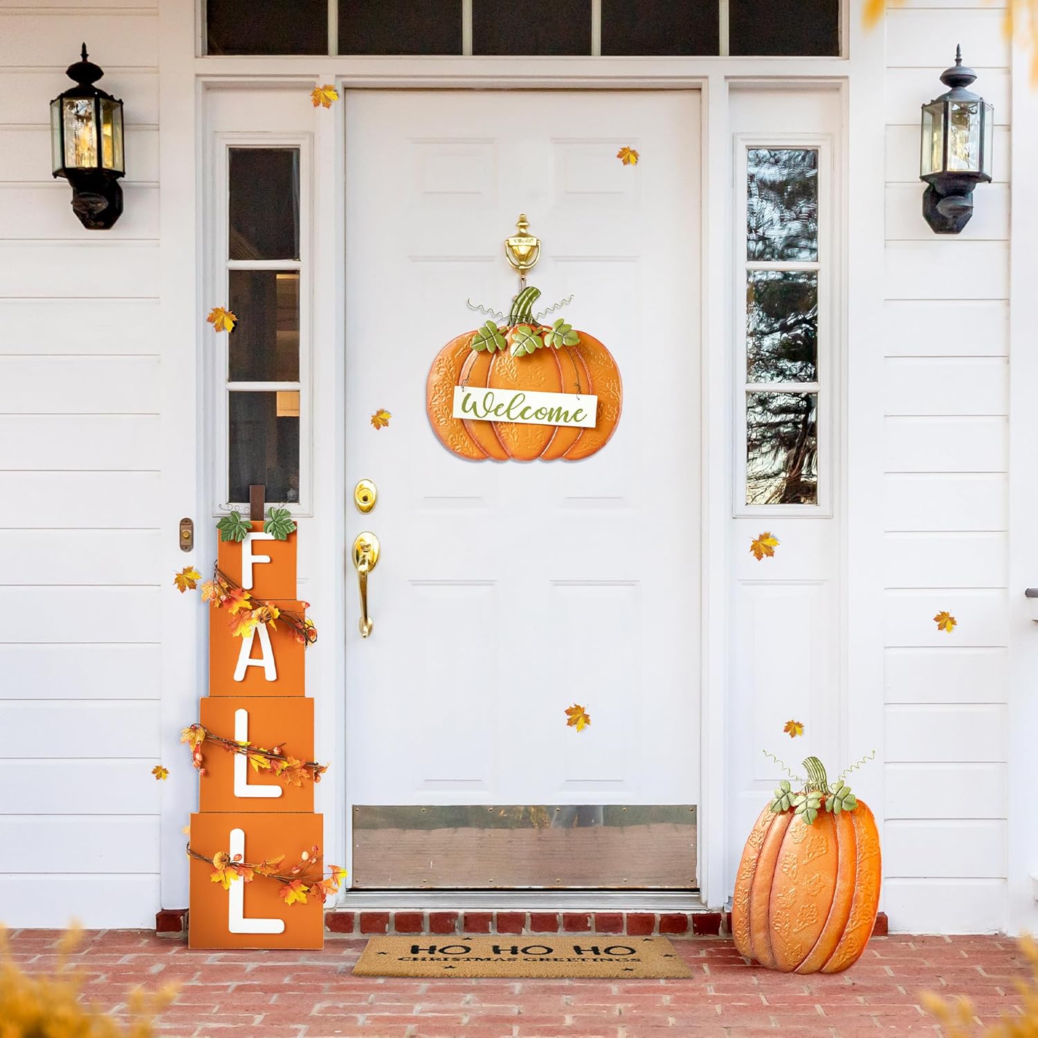 Glitzhome Juego de 2 estacas de jardín para decoración de otoño, juego de 2 letreros grandes de calabaza de metal de otoño para patio, calabaza