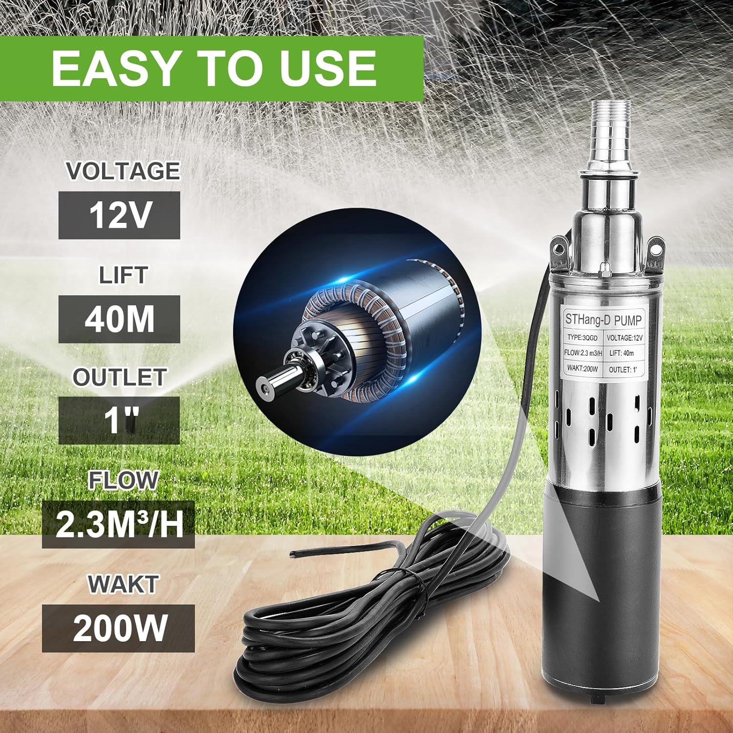 STHang-D Bomba sumergible de pozo profundo de 12 V DC 200 W Bomba de agua eléctrica con energía solar, tornillo de acero inoxidable Bomba de salida