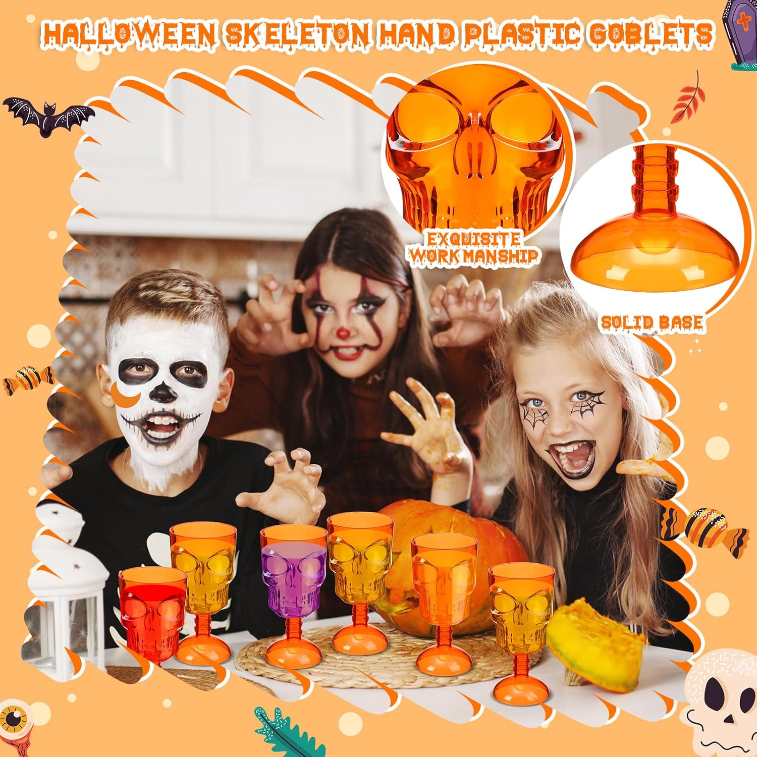 Juego de 12 copas de Halloween, copas de calavera, decoración de mesa gótica para fiesta, copa de vino de plástico, suministros para fiesta de