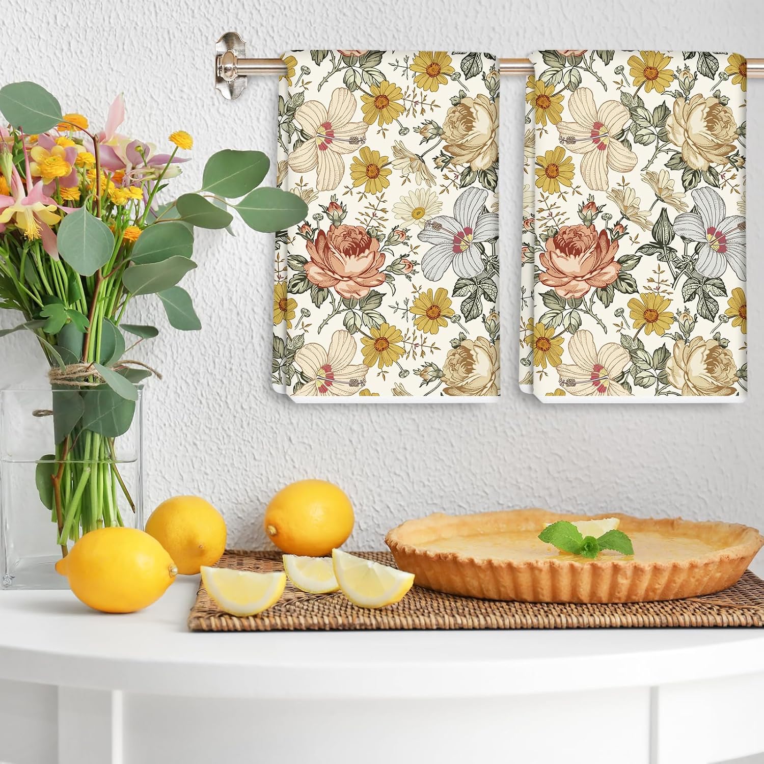 AnyDesign – Toalla de cocina floral vintage de 18 x 28 pulgadas, toalla de cocina retro con rosa y manzanilla ultra absorbente, toalla de té para