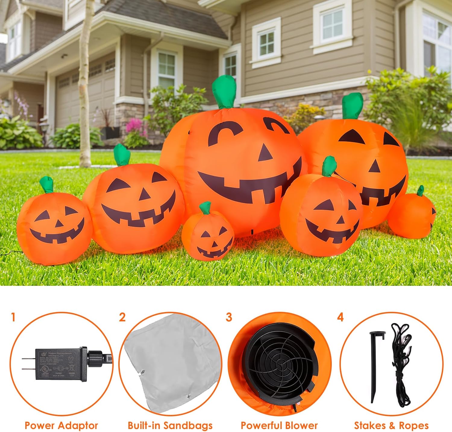 Calabaza inflable de Halloween de 7.5 pies, decoración para exteriores, 7 calabazas LED para decoración de fiesta de Halloween, hogar, vacaciones,