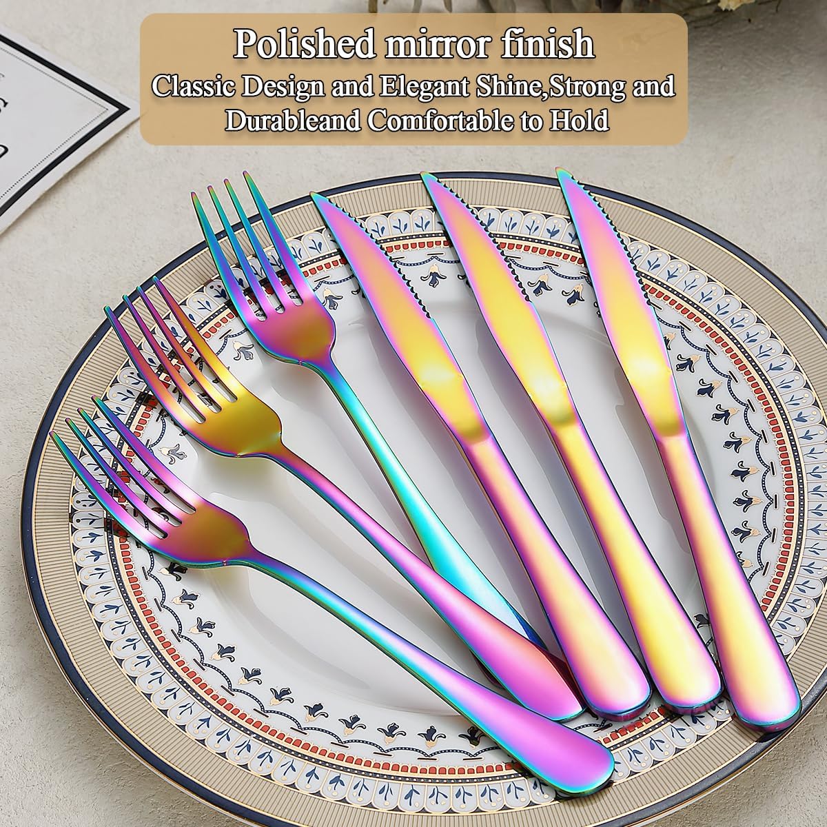Evanda Rainbow – Juego de 24 cuchillos para carne, acero inoxidable chapado en titanio arcoíris, 12 tenedores y 12 cuchillos de cena, cuchillos para