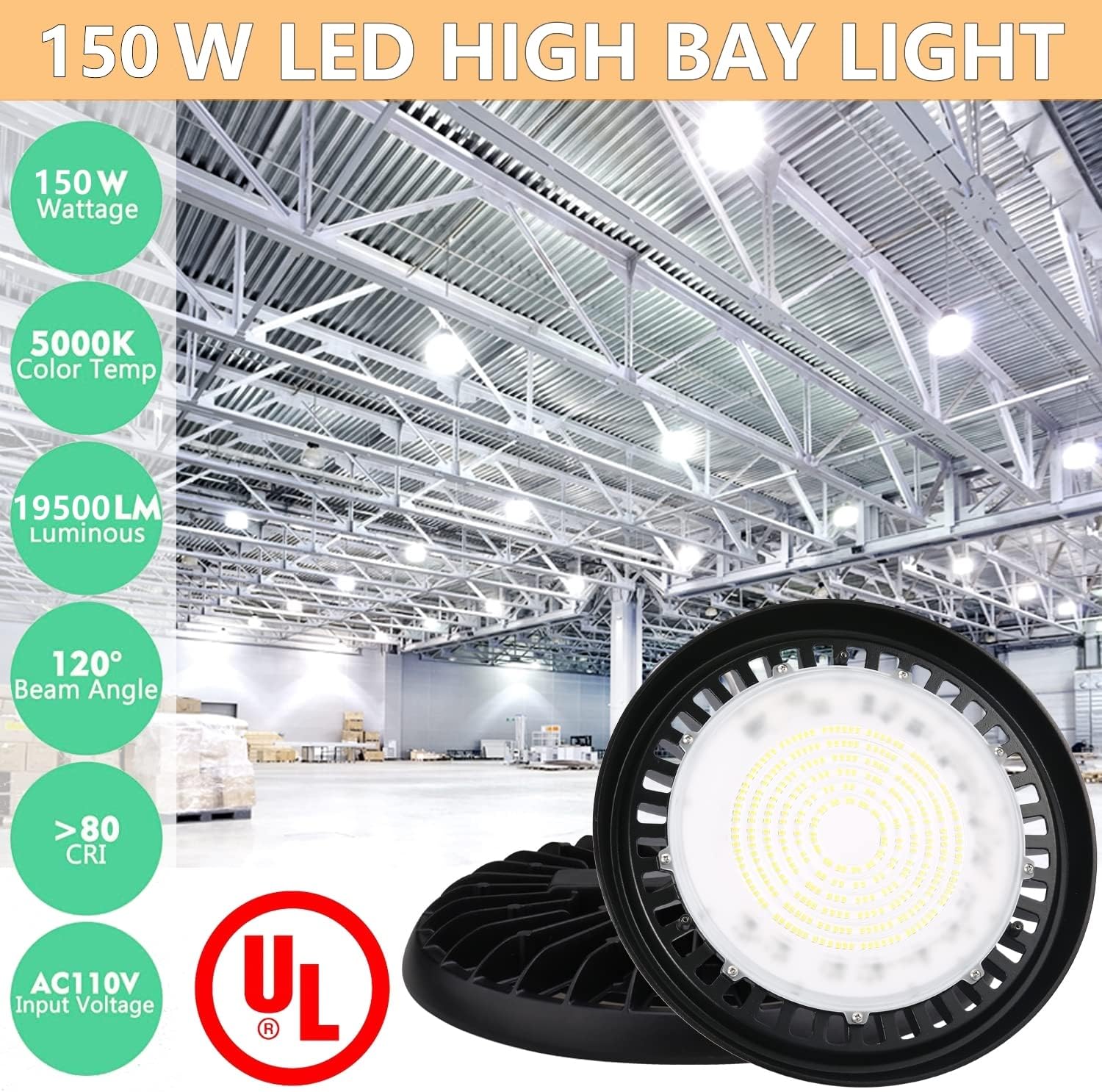 Paquete de 2 lámparas LED de alta bahía de 150 W para almacén, luz diurna de 120 V 5000 K, 19500 lm (600 W-800 W HPSMH Eqv.), luces LED UFO Highbay