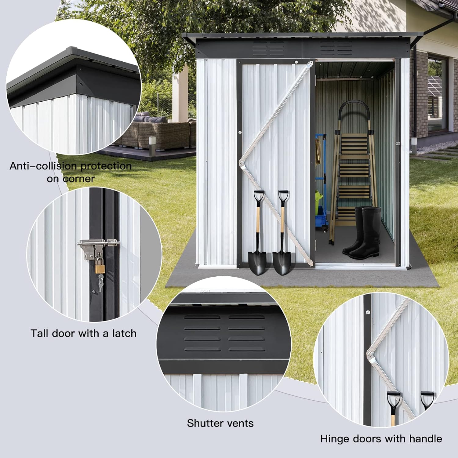 Cobertizo de almacenamiento de metal de 5 x 3 pies, cobertizo para exteriores con ventilación de aire, cobertizo de herramientas impermeable con