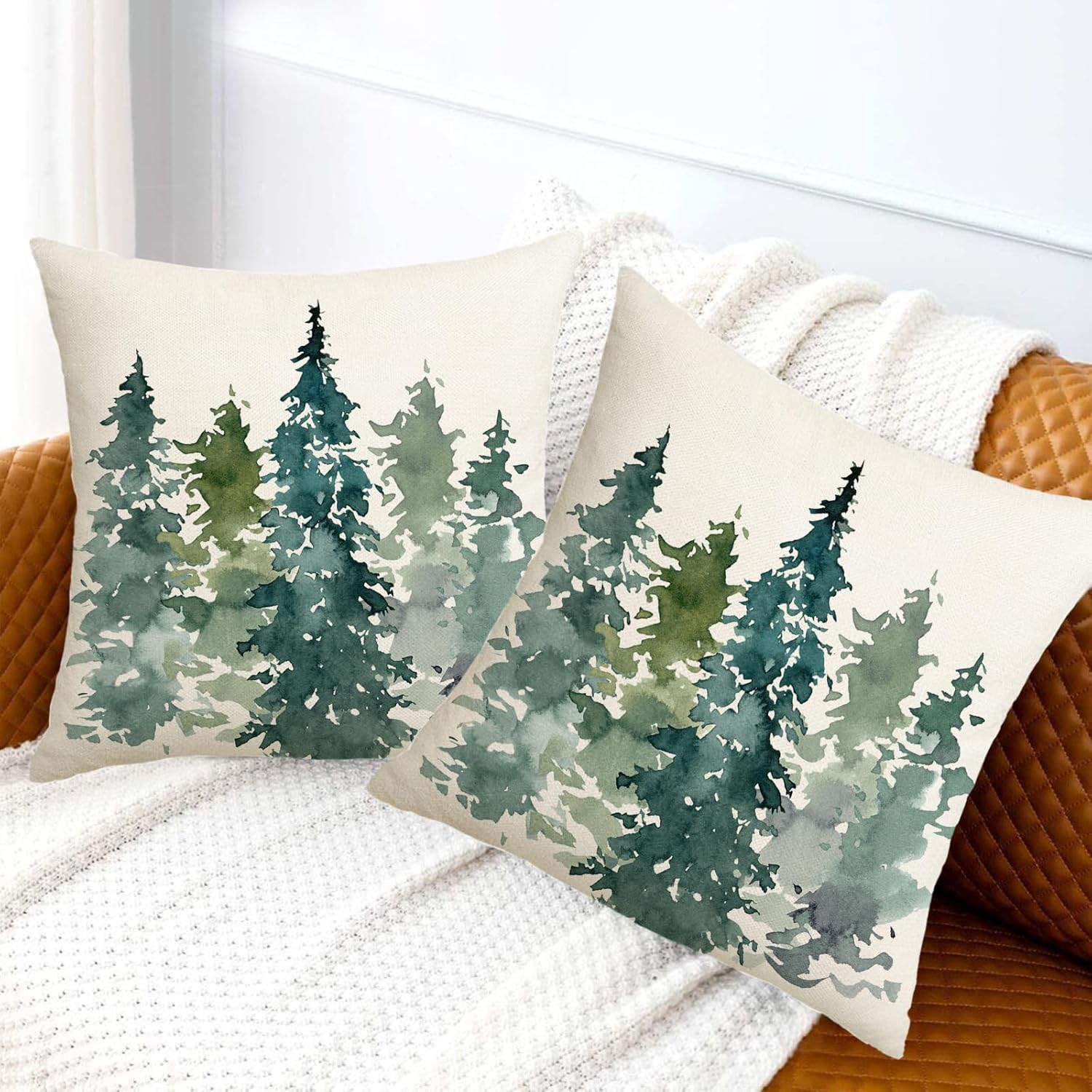 Juego de 2 fundas de almohada de árbol de Navidad verde oscuro de 18 x 18 pulgadas, diseño de acuarela de bosque natural, para exteriores, invierno,