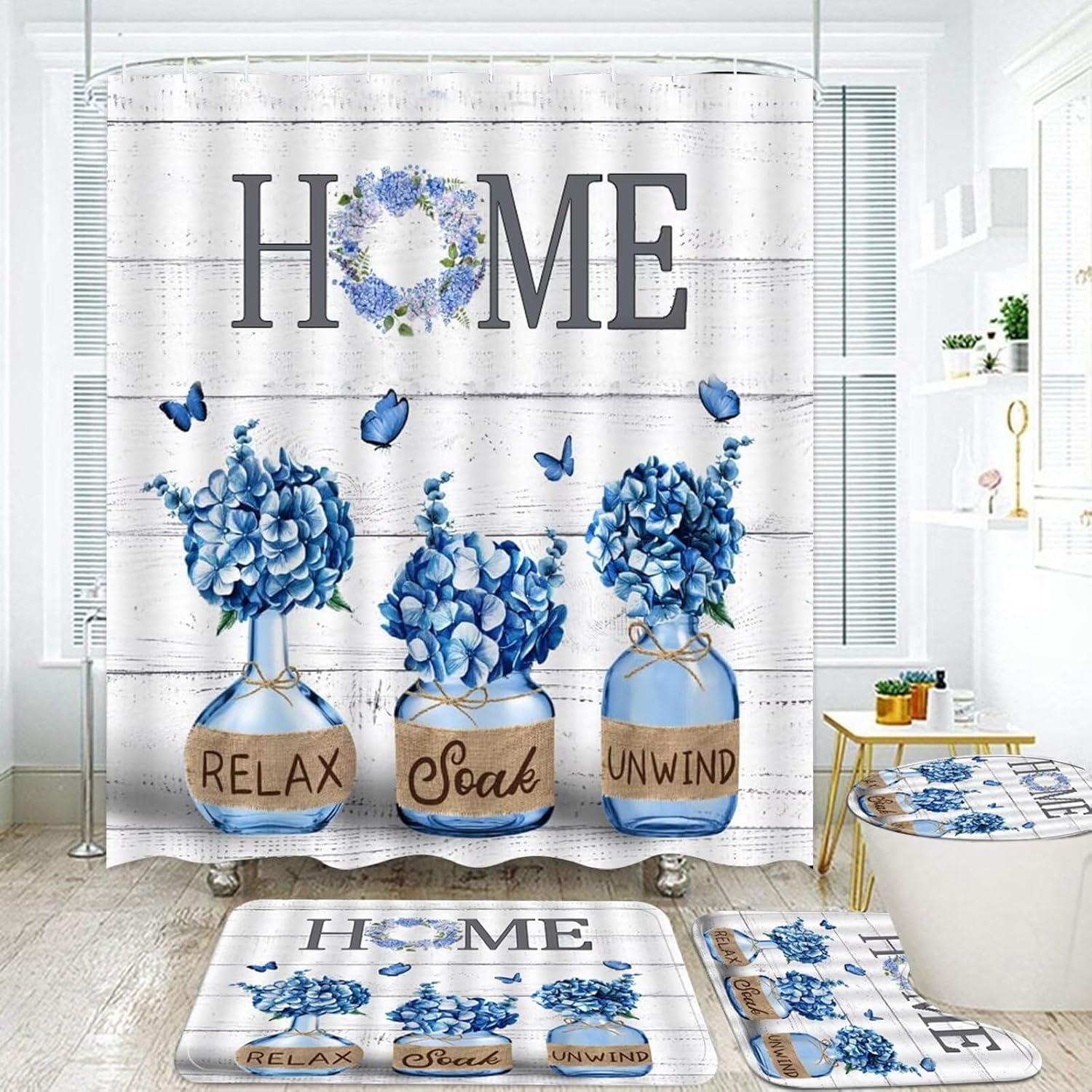 Juego de 4 cortinas de ducha de hortensias azules con alfombras, decoración del hogar, juego de baño con cortina de ducha y alfombras y accesorios,